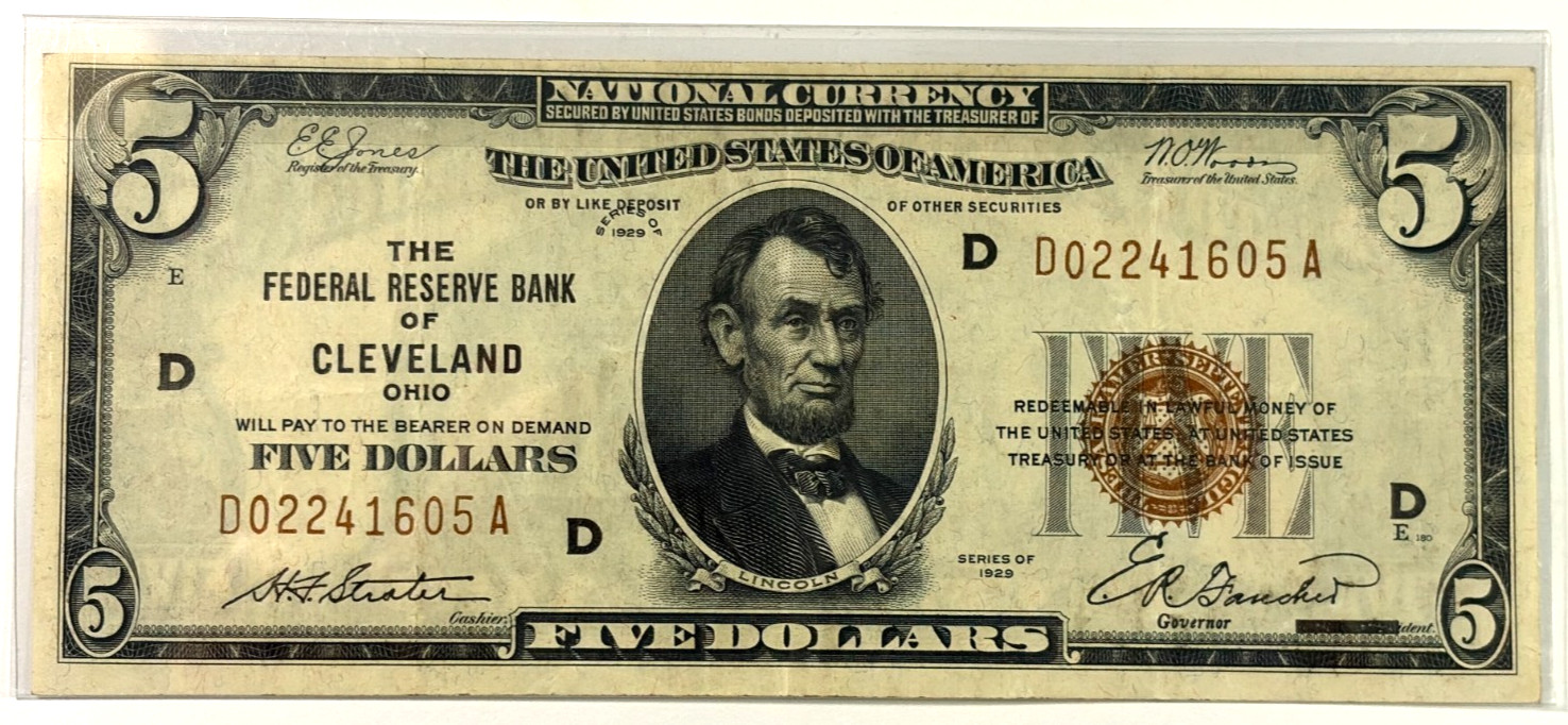 1929 $5 National Bank Note, Cleveland, OH, Brown Seal, XF-AU 