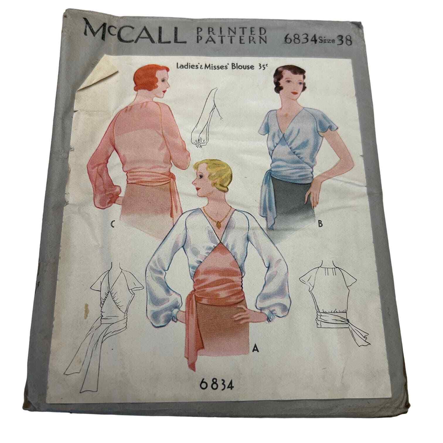 McCall Antique Early 1900\'s Pattern #6834 Ladies/Misses Blouses Size 38 HTF RARE