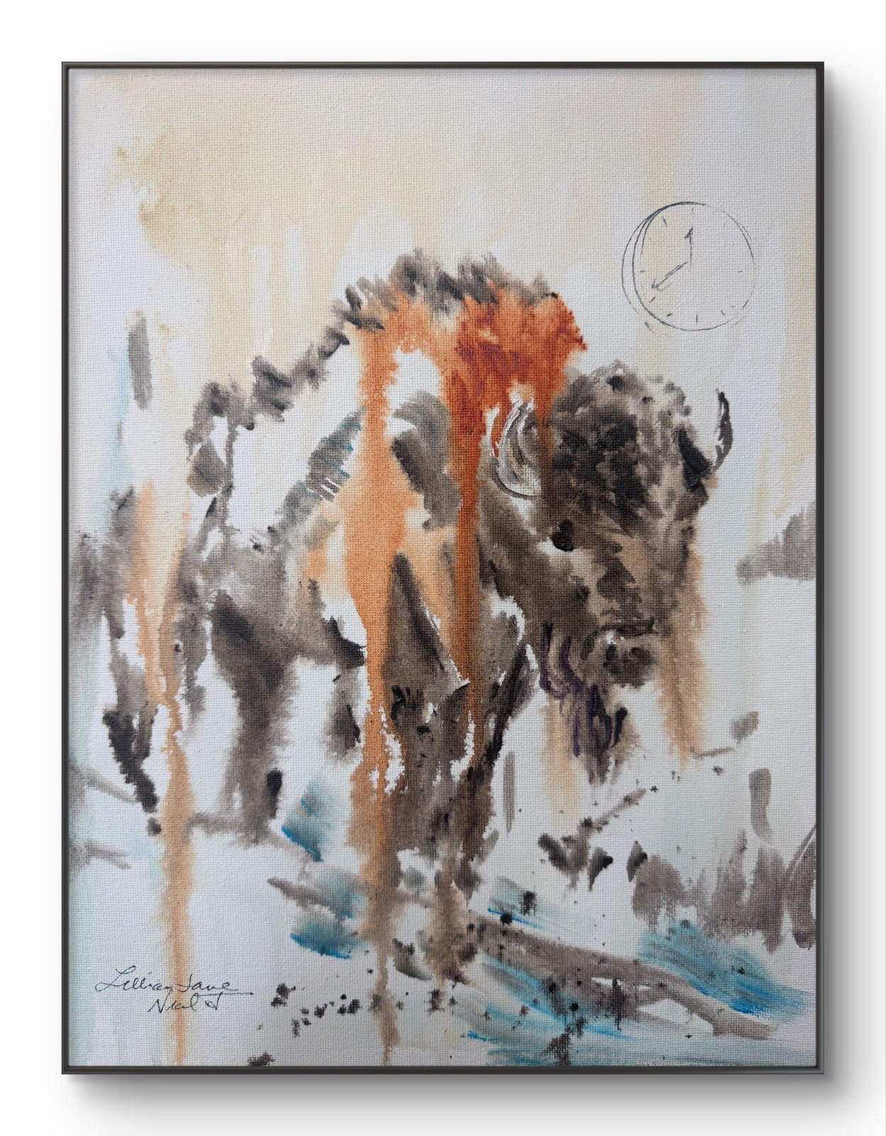 Neal Original 11x14 Expressionist Bison Charging Acrylic Painting Signed Wall
