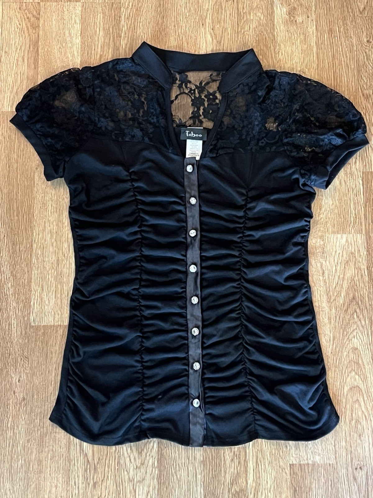Vintage Y2K 90s Black Lace Whimsigoth Ruched Top Taboo Coquette L