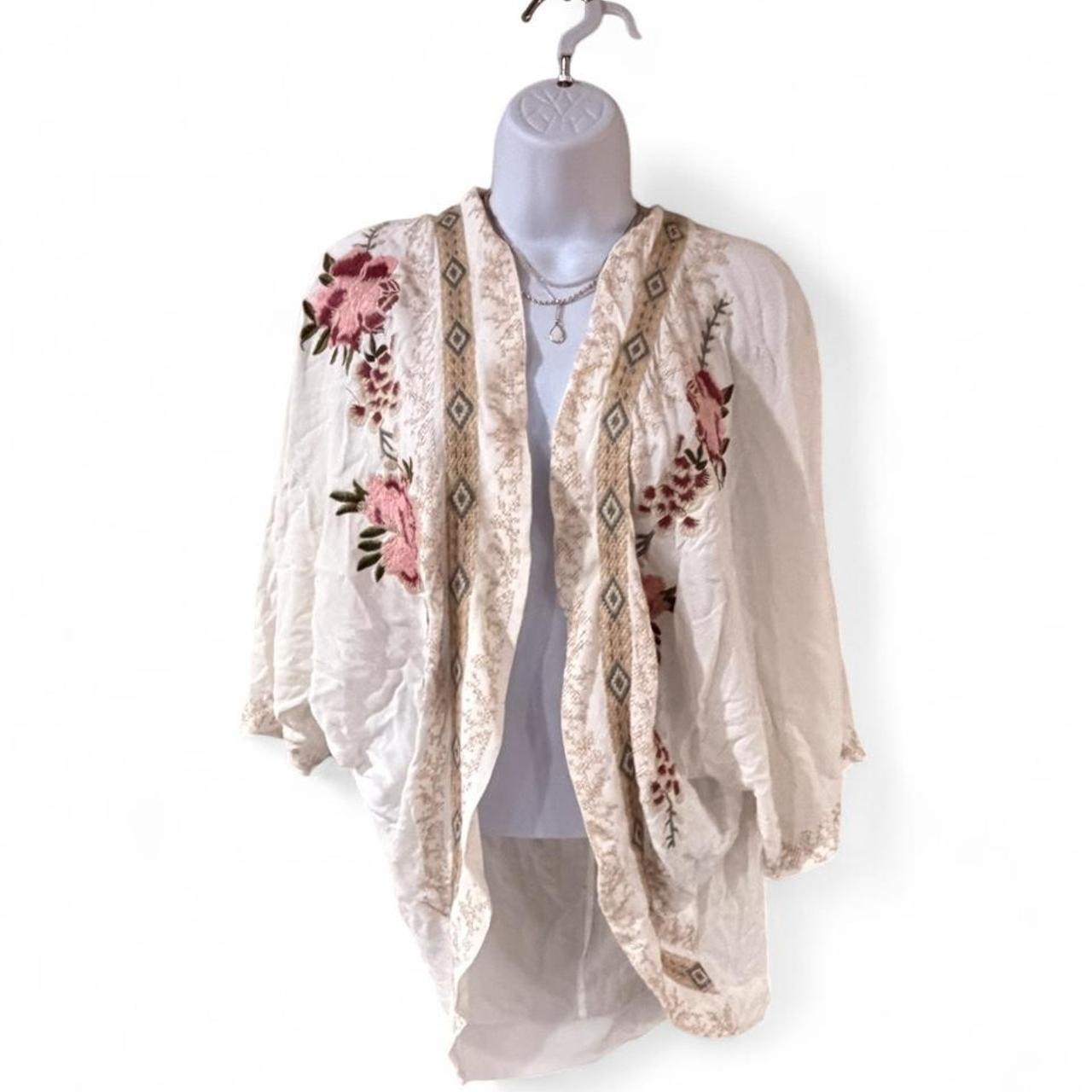 Paparazzi Women\'s Multi Cardigan | Cream White Floral Embroidered Kimono Size M