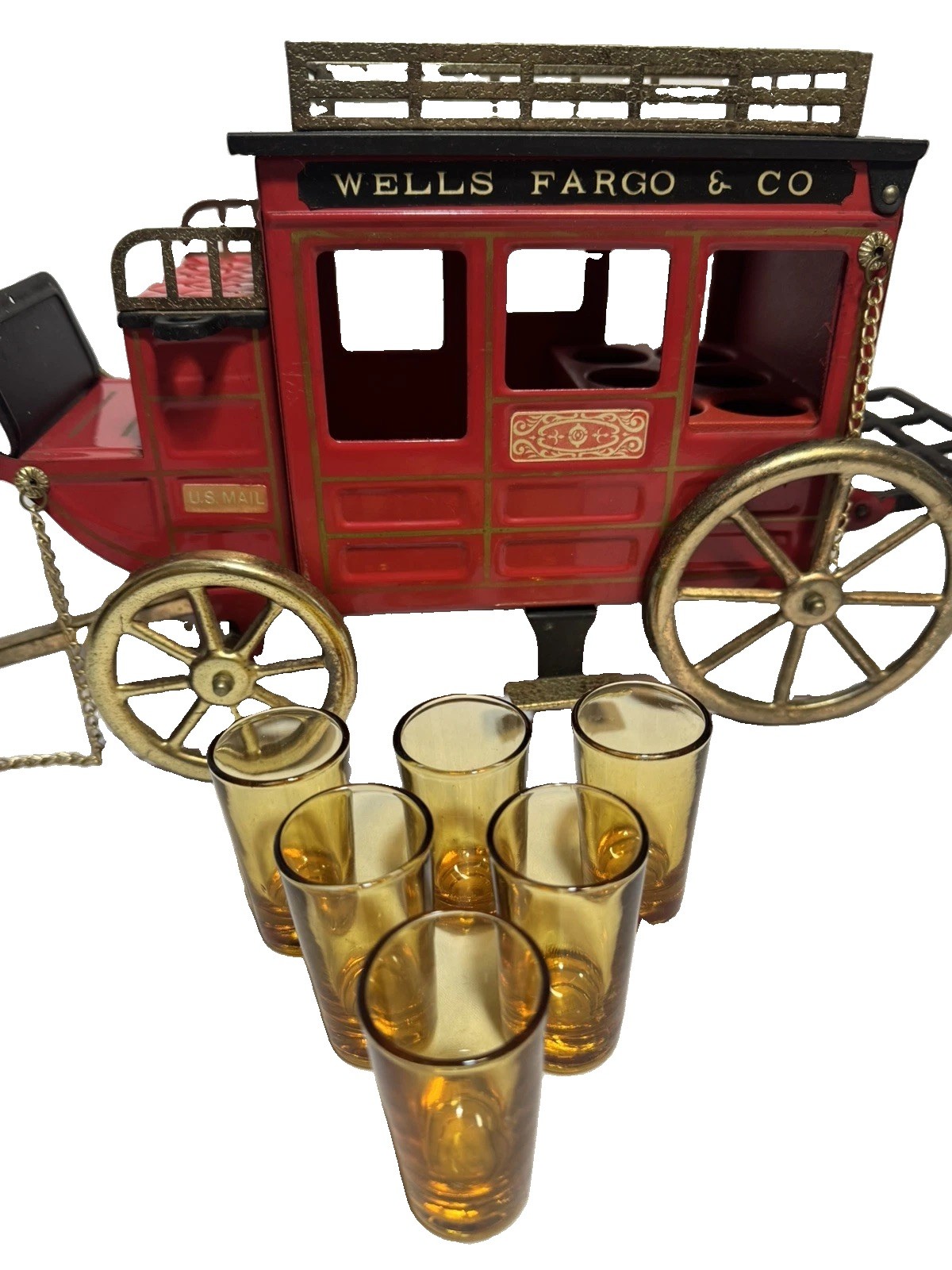 VTG 1970s Wells Fargo & Co US Mail Tin Stagecoach Mini Bar 6 Shot Glasses Japan