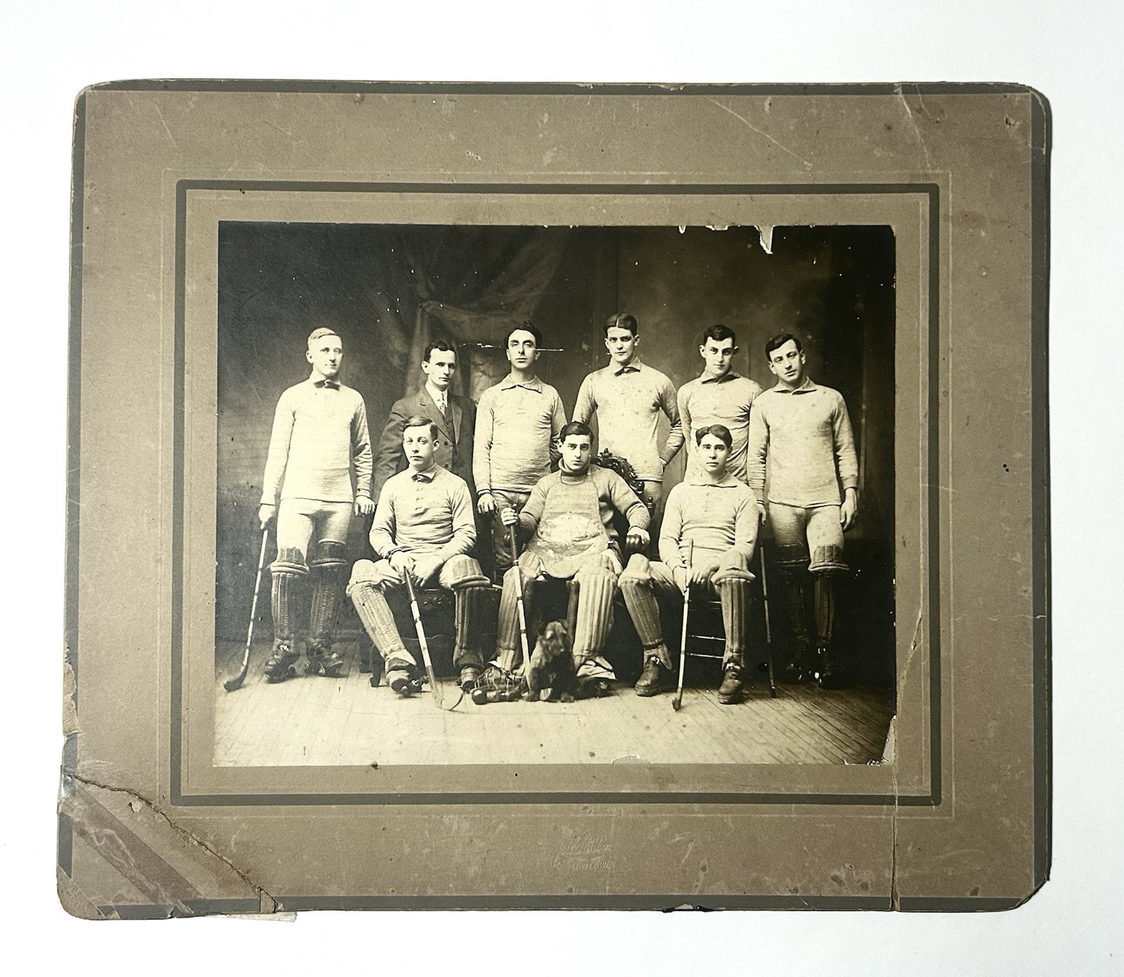 Vintage Late 19th-Early 20th Century Hockey Team w/Dog Photo Photograph 12x14 Vintage Late 19th-Early 20th Century Hockey Team w/Dog Photo Photograph 12x14