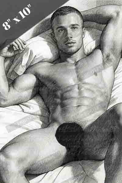Nude young man lying down, black-and-white sketch Gay homoerotic art print 1025