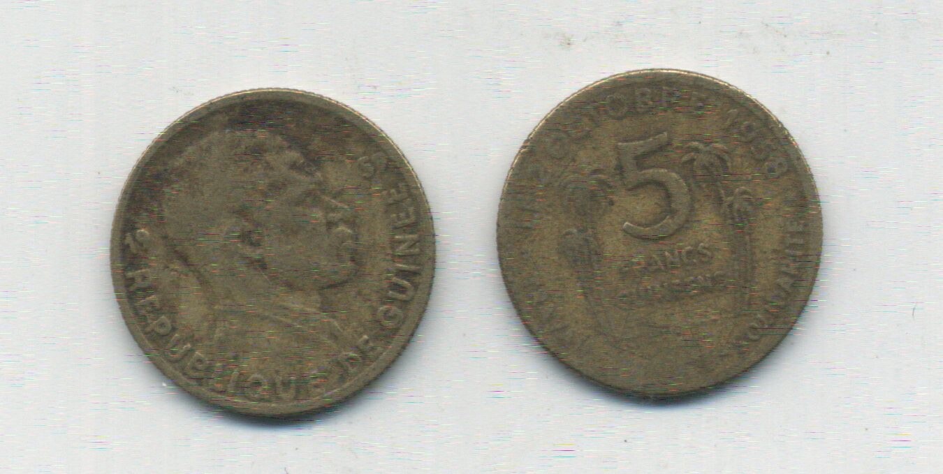  Guinea  5 Francs  1959  KM 1 Condition F+ brass