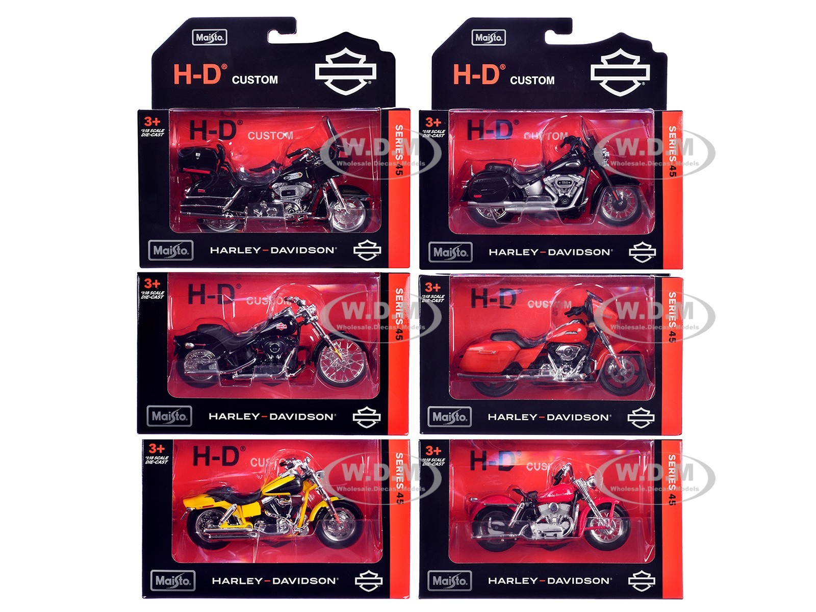 6 PIECE HARLEY-DAVIDSON MOTORCYCLE SET SERIES 45 1/18 DIECAST BY MAISTO 31360-45 6 PIECE HARLEY-DAVIDSON MOTORCYCLE SET SERIES 45 1/18 DIECAST BY MAISTO 31360-45