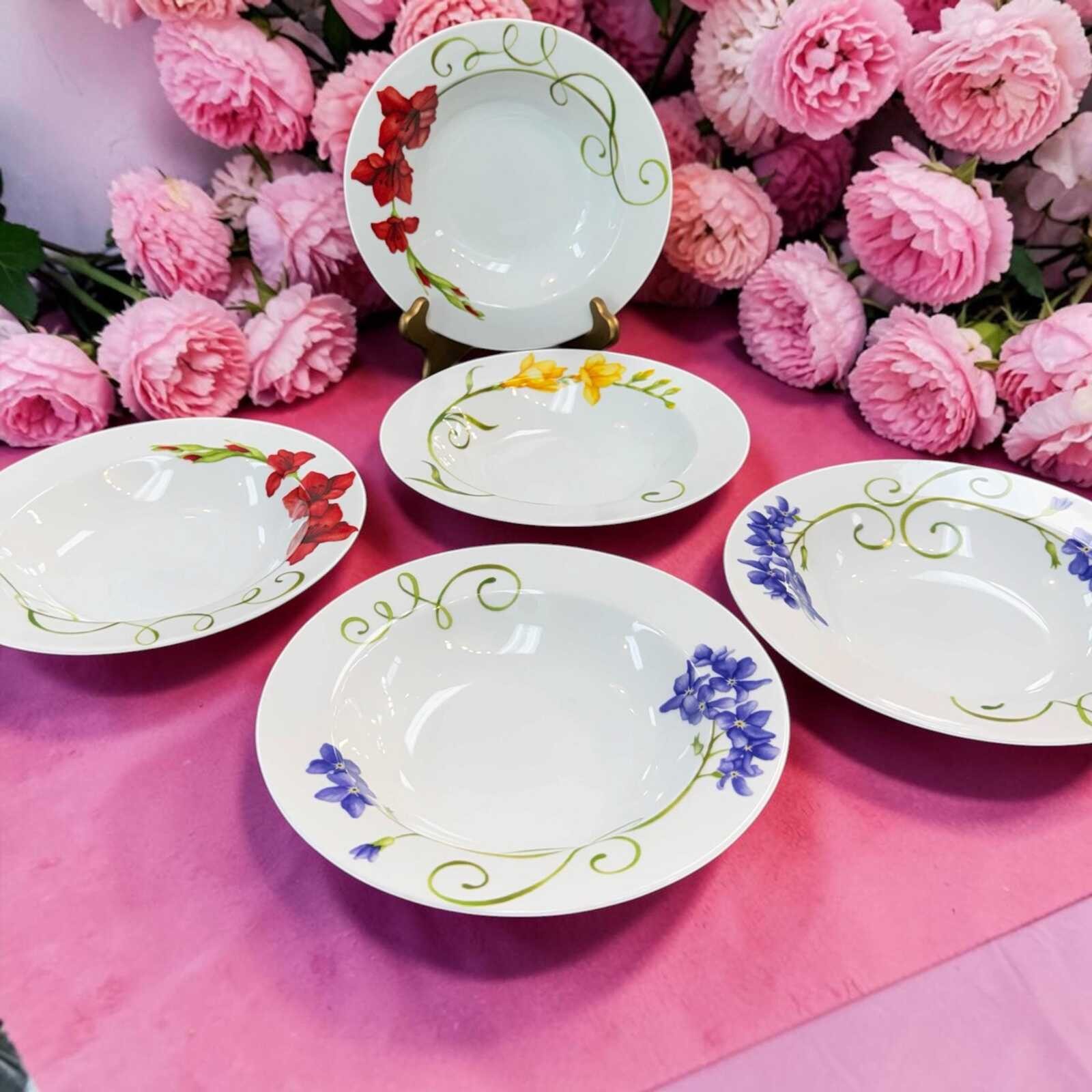 Vintage Lyrical Blooms Porcelain Soup Bowls- Set of 5