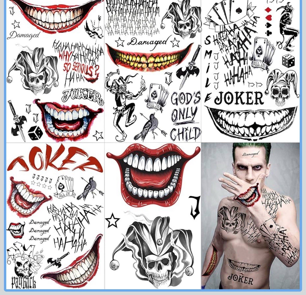 25 Sheets 3D Joker Temporary Tattoos Waterproof, Cartoon Patterns Lips 25 Sheets 3D Joker Temporary Tattoos Waterproof, Cartoon Patterns Lips
