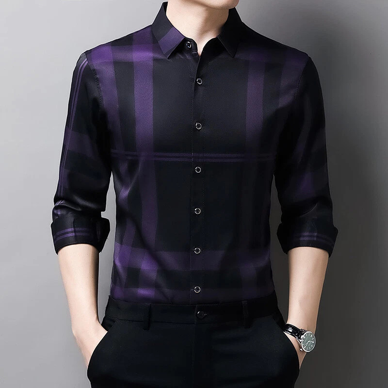 Camisa Ajustada De Seda De Hombres Ropa De Vestir Manga Larga a Cuadros Elegante Camisa Ajustada De Seda De Hombres Ropa De Vestir Manga Larga a Cuadros Elegante