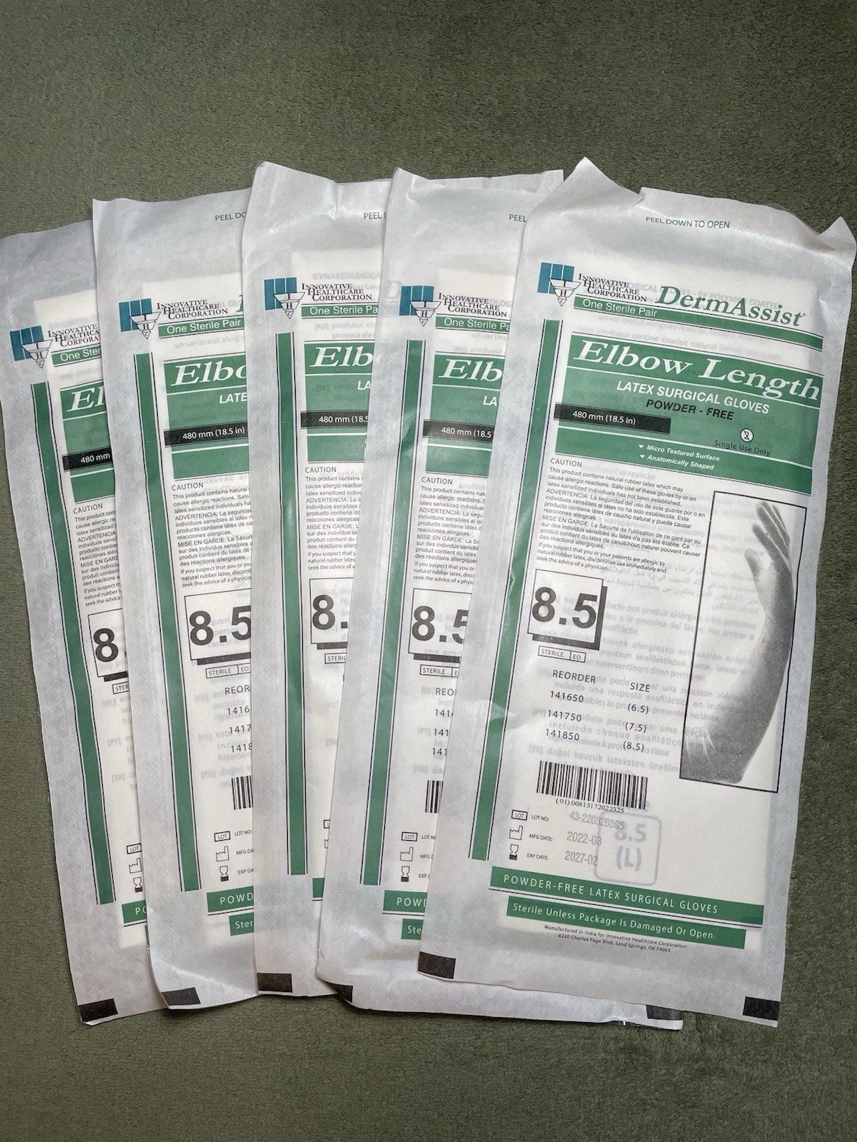 DermAssist Elbow Length Latex Surgical Gloves, 5 Pairs, Size 8.5