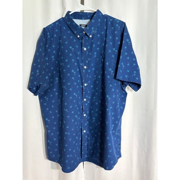 IZOD Mens XXL Blue Palm Tree Print Short Sleeve Button Down Shirt MC0012