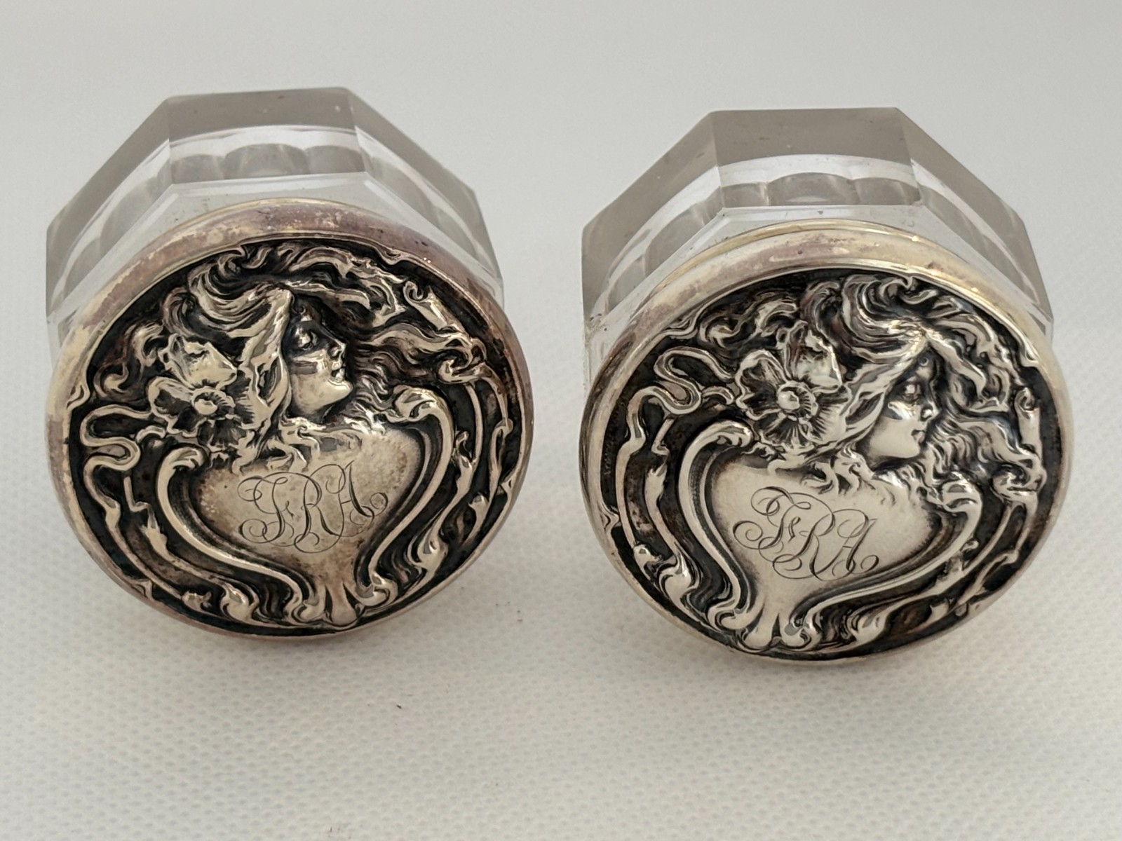 2 ANTIQUE ART NOUVEAU sterling tops glass vanity jars LADY FLOWING HAIR REPOUSSE
