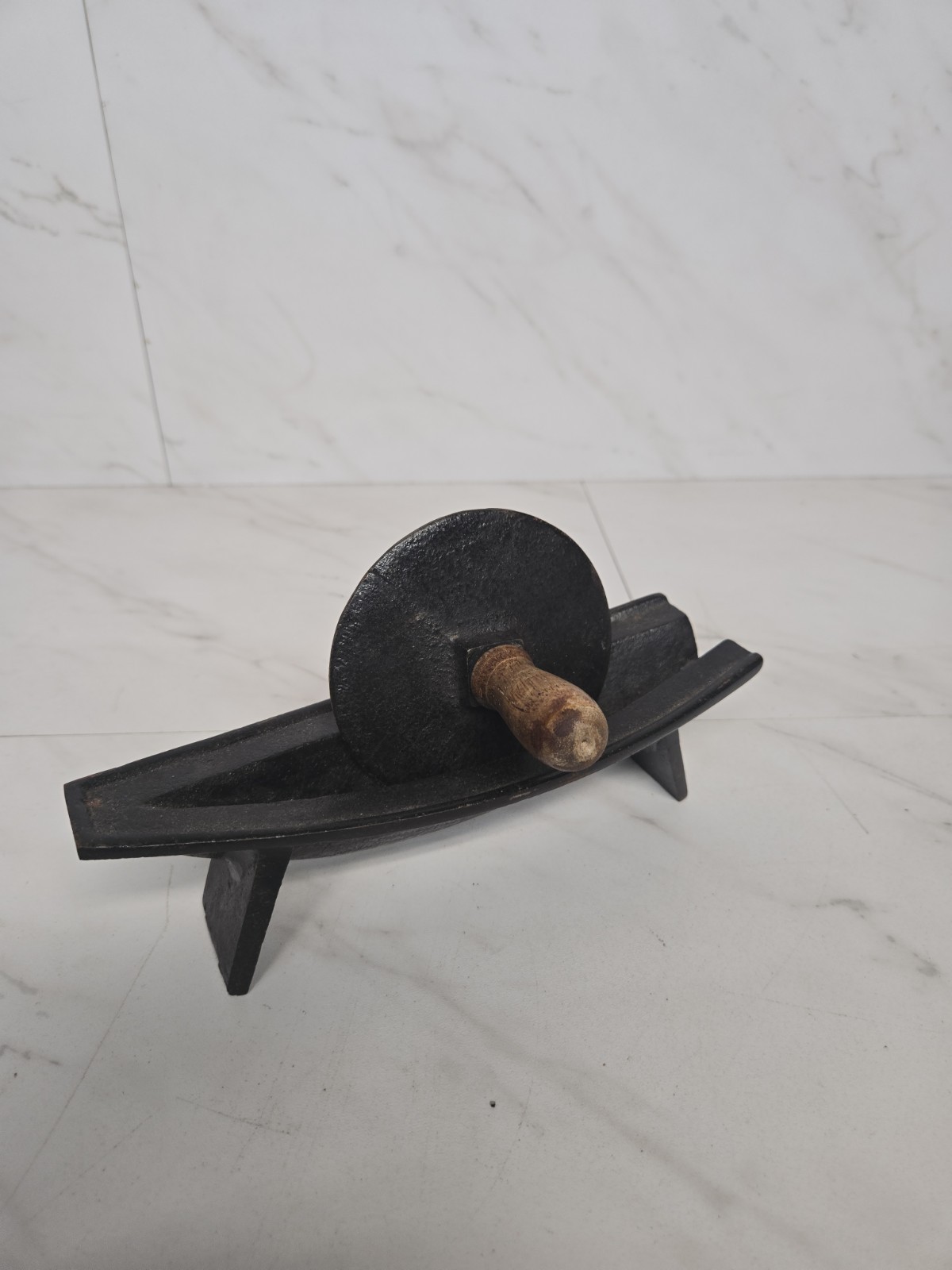 Antique 19th Century Cast Iron Herb Grinder Crusher With Wooden Handle