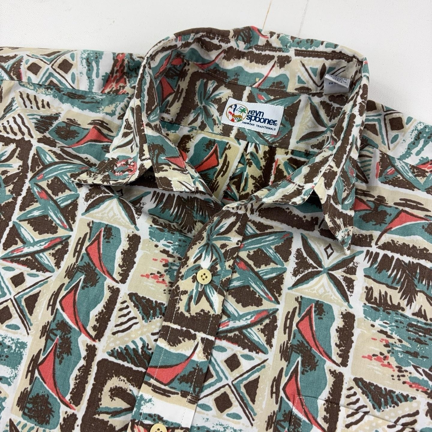Vintage Reyn Spooner Shirt Mens Large Sailboat Hawaiian Short Sleeve Button Up