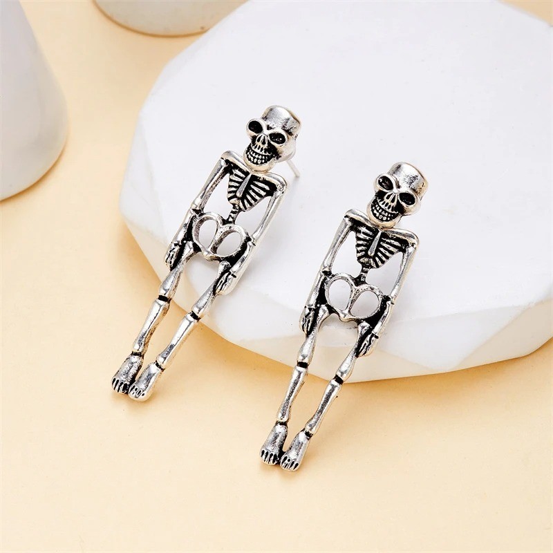 Vintage Skeleton Dangle Earrings Women Antique Gold Retro 2-in-1 Punk Jewelry