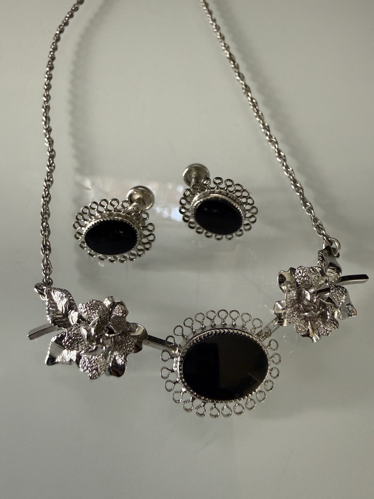 Vtg Star Art Sterling Silver Black Onyx Rose Floral Necklace Earrings Set MCM⁠
