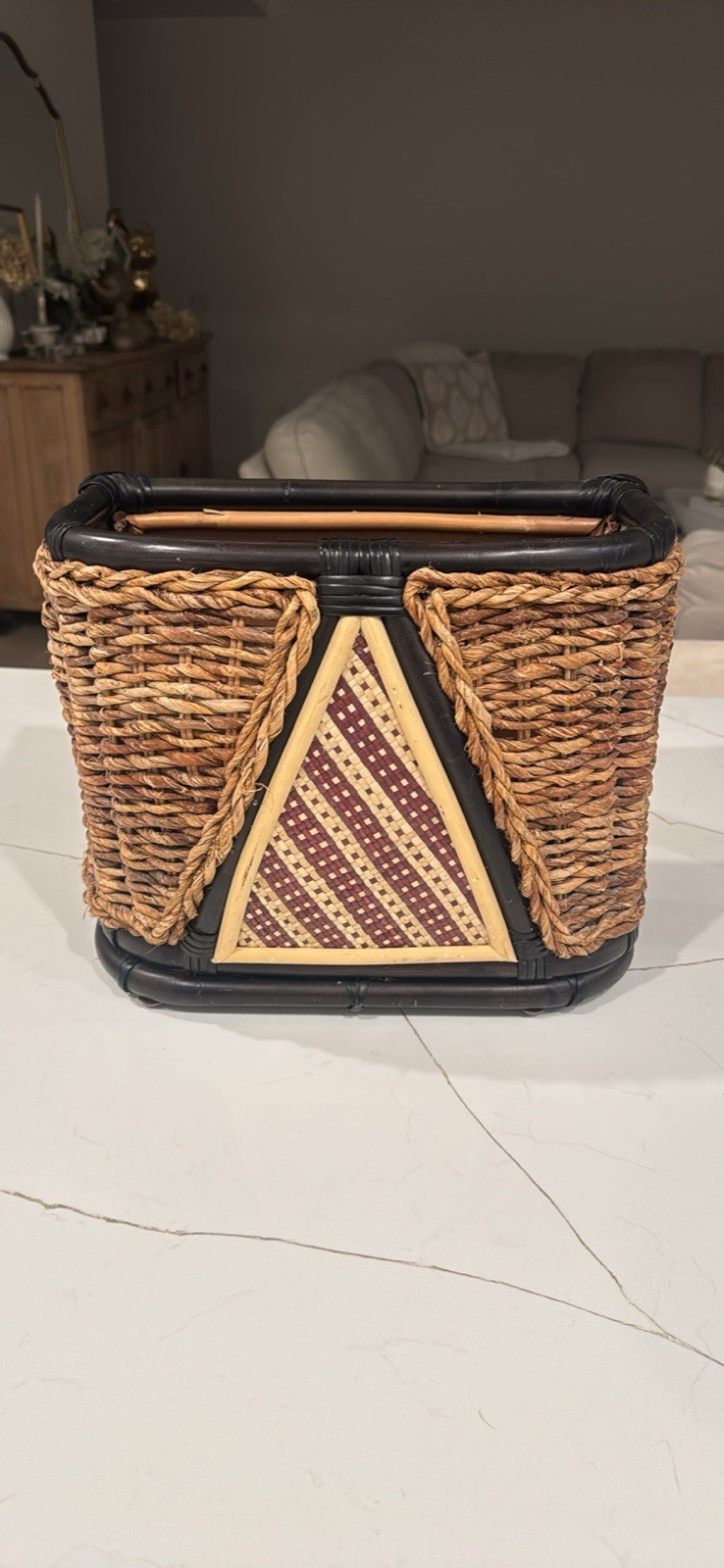 Title: Vintage MacKenzie-Childs Ajiro Rattan Wicker Basket Geometric 15” Rare Title: Vintage MacKenzie-Childs Ajiro Rattan Wicker Basket Geometric 15” Rare