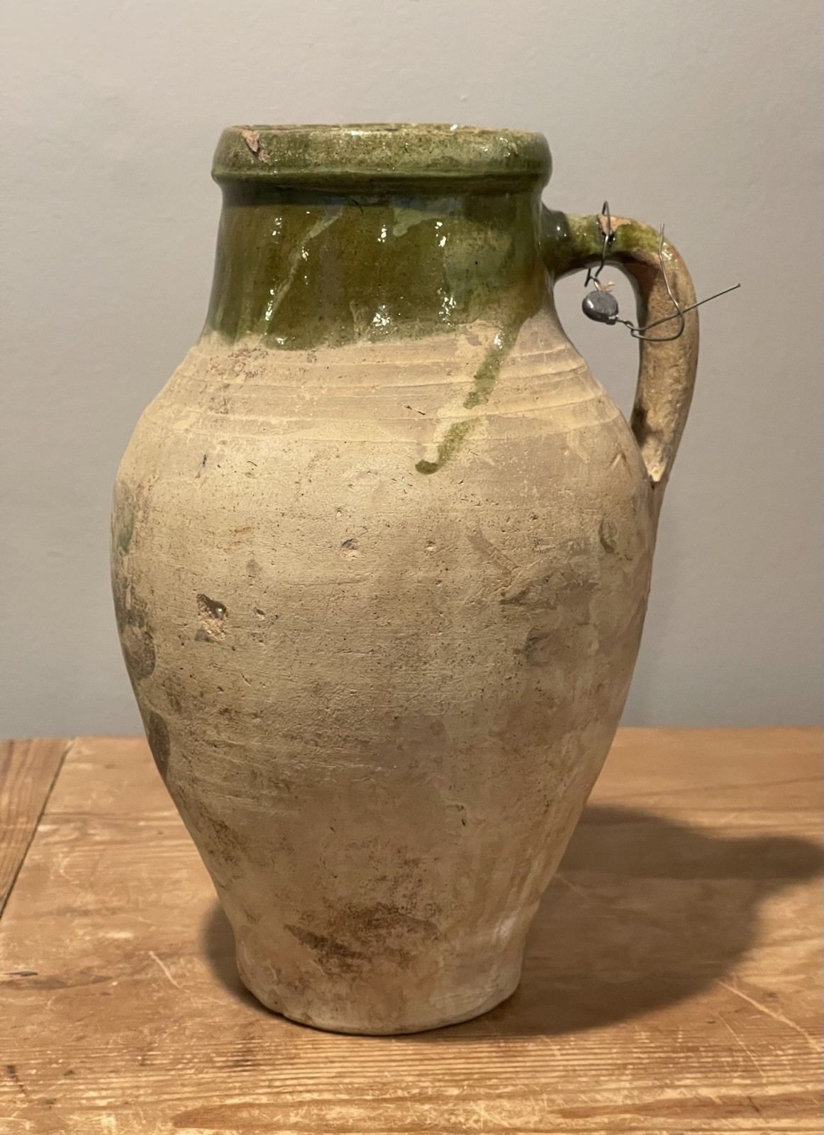 Antique Vintage Turkish Terracotta Oil Olive Oil Jar Pitcher Lead Hang Tag