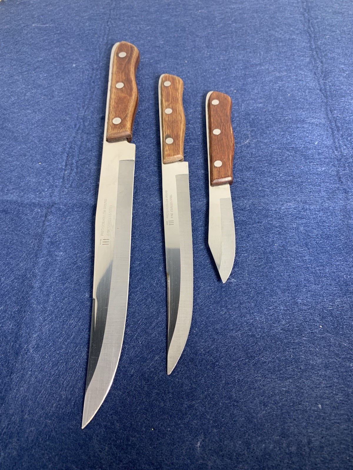 Vtg Maxam 3 Pc Knife Set Precision Hollow Ground Stainless Wood Handle Japan 70s