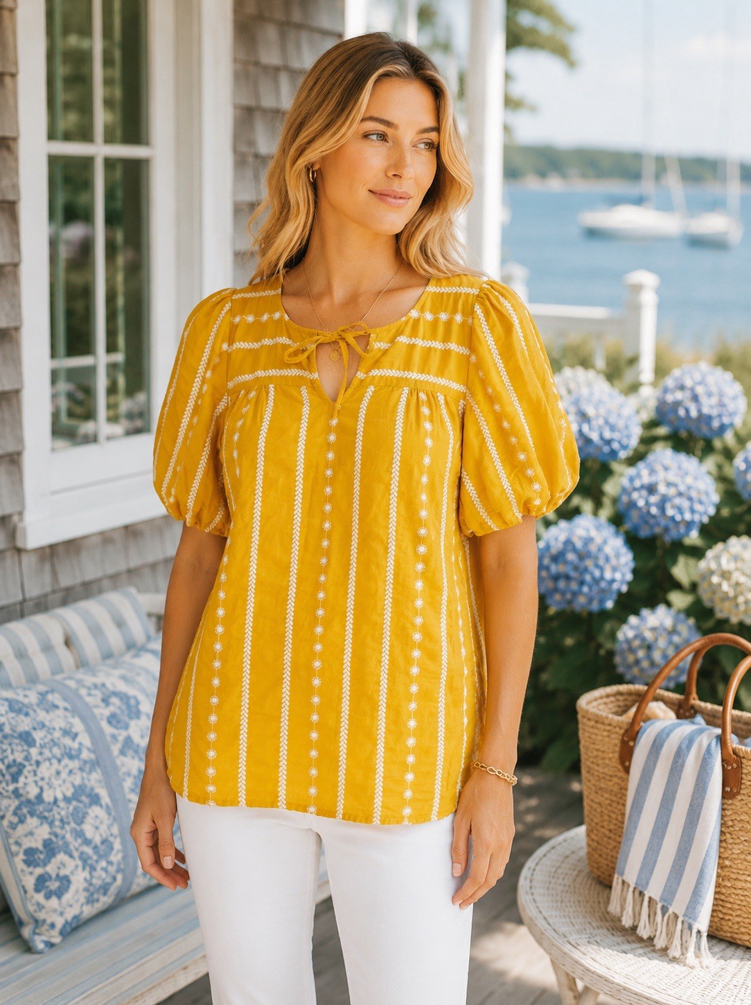Talbots Women\'s Petite Yellow Embroidered Cotton Blouse Puff Sleeve Tie SP Talbots Women\'s Petite Yellow Embroidered Cotton Blouse Puff Sleeve Tie SP