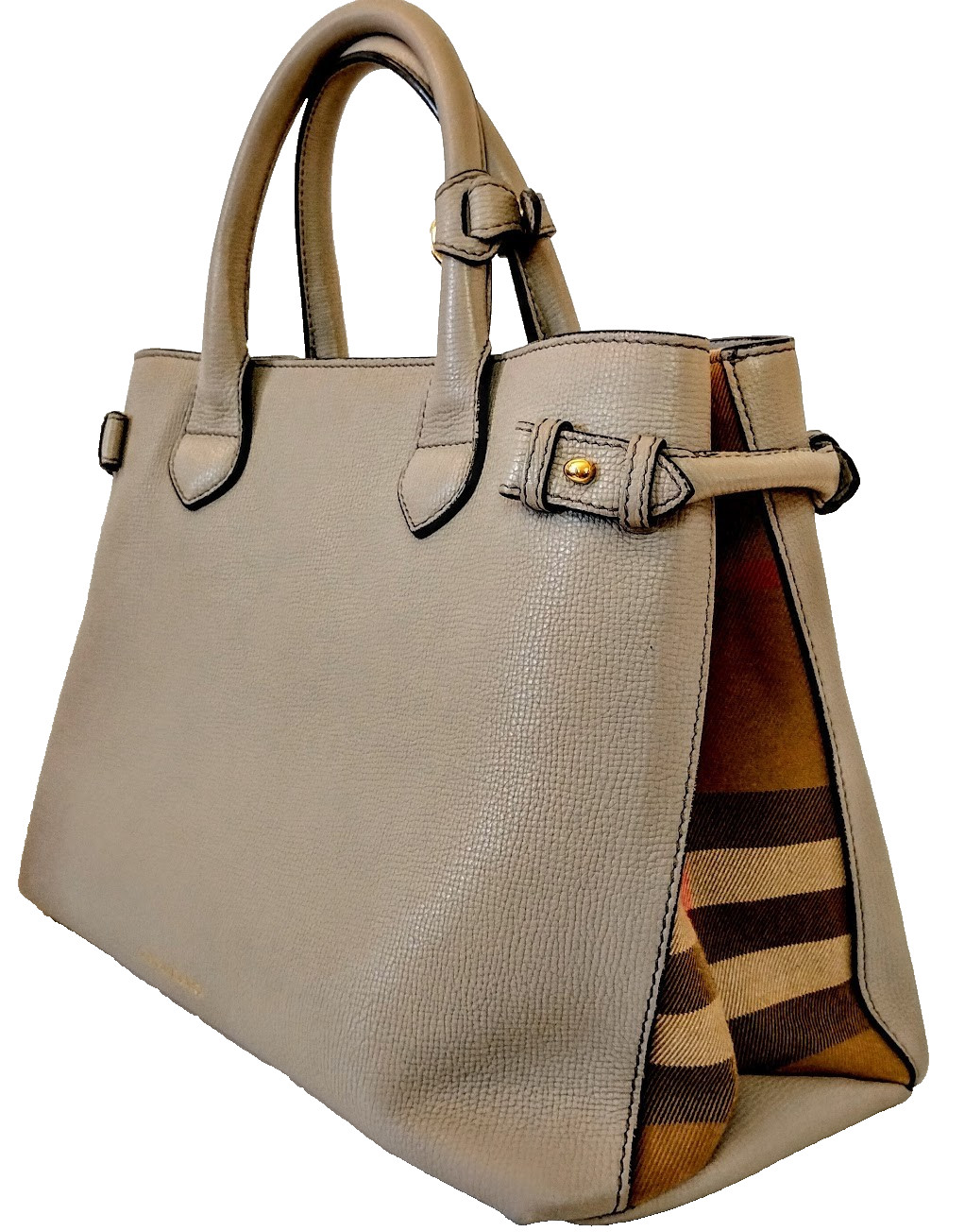 Burberry Medium Banner Bag House Check Leather Tote Handbag Camel Sand Beige Tan