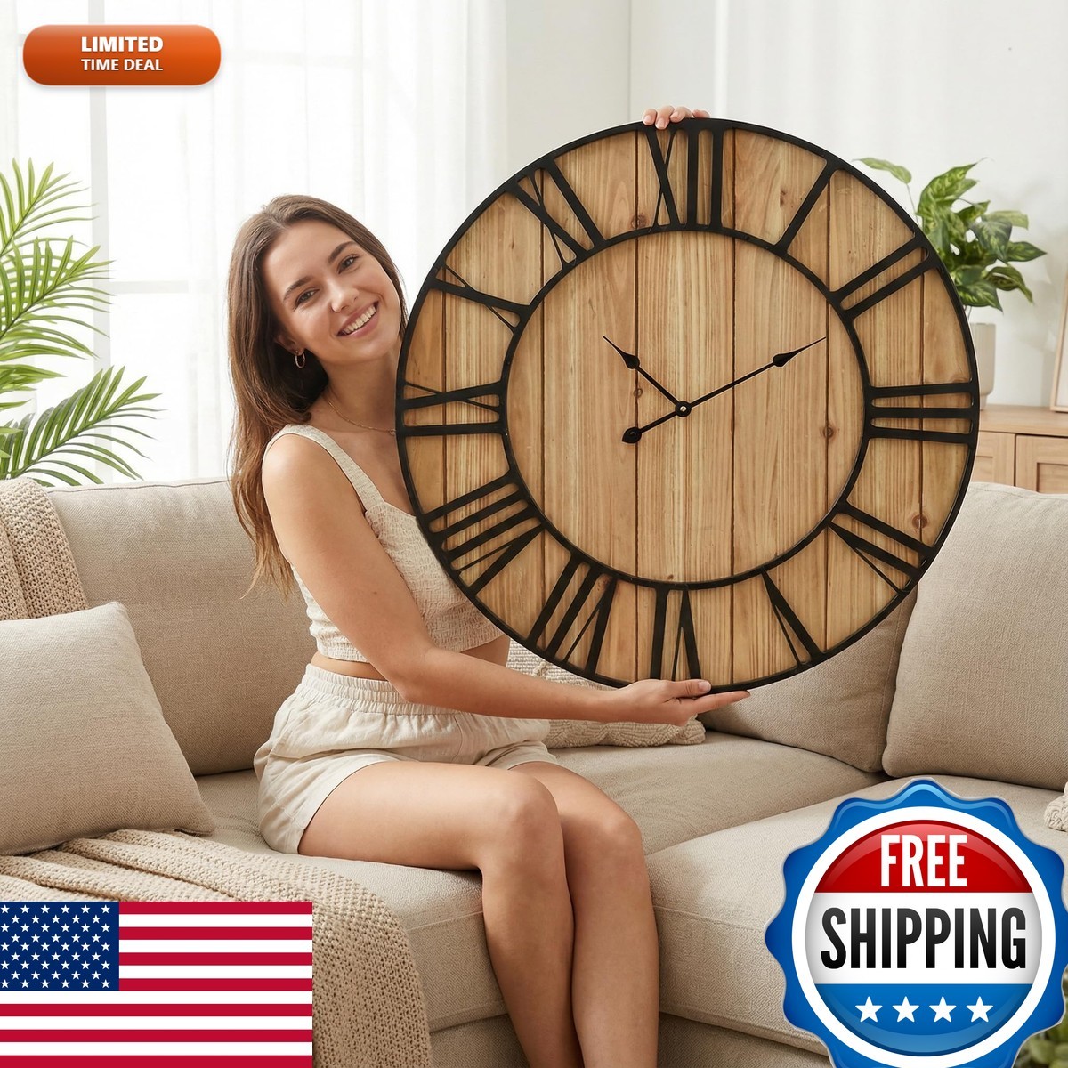 EMAX HOME Farmhouse Wall Clock 30 Inch Brown Battery Operated Vintage Wooden