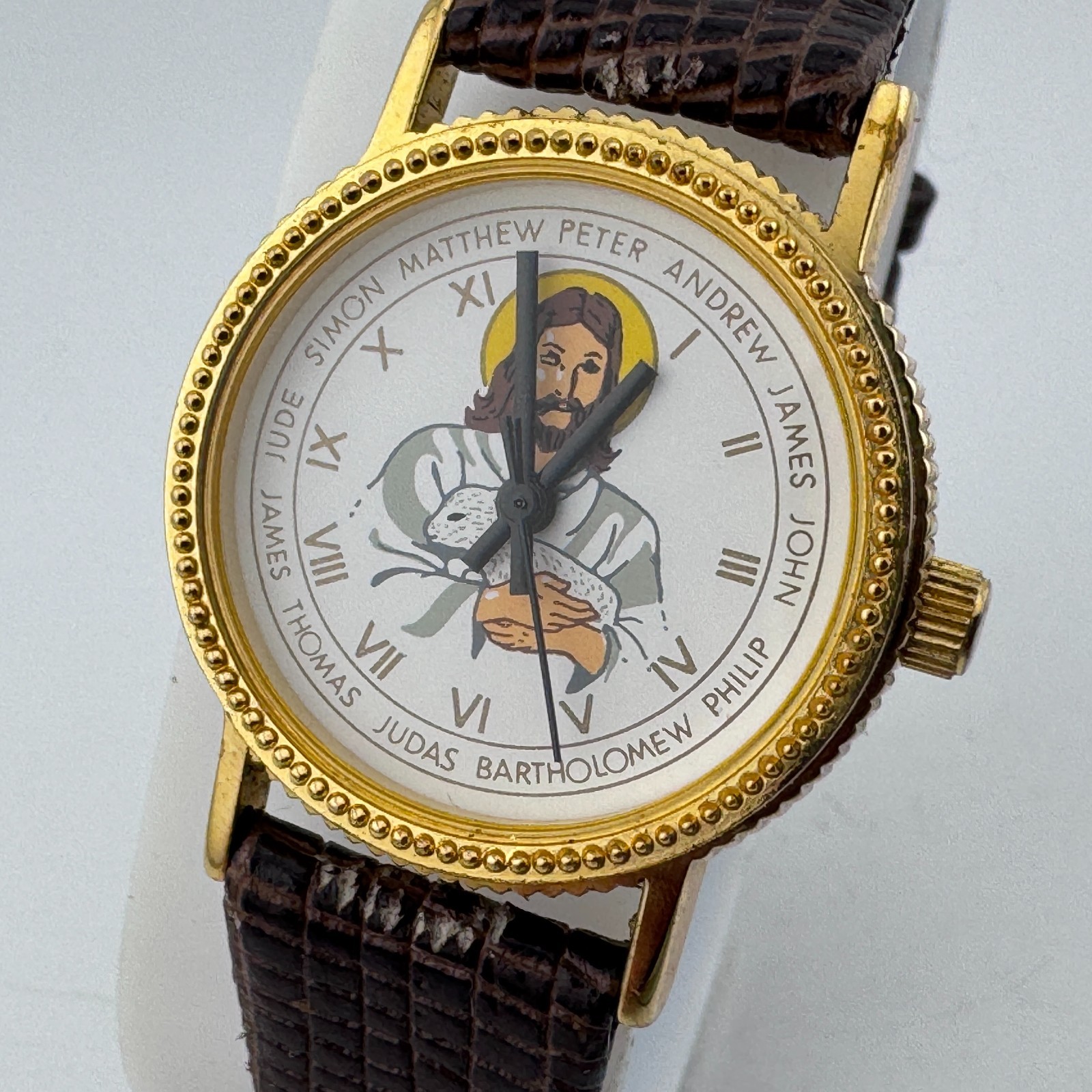 VTG J.S.N.Y. Hand-Winding Mechanical Watch Women Gold Tone Jesus Dial Leather