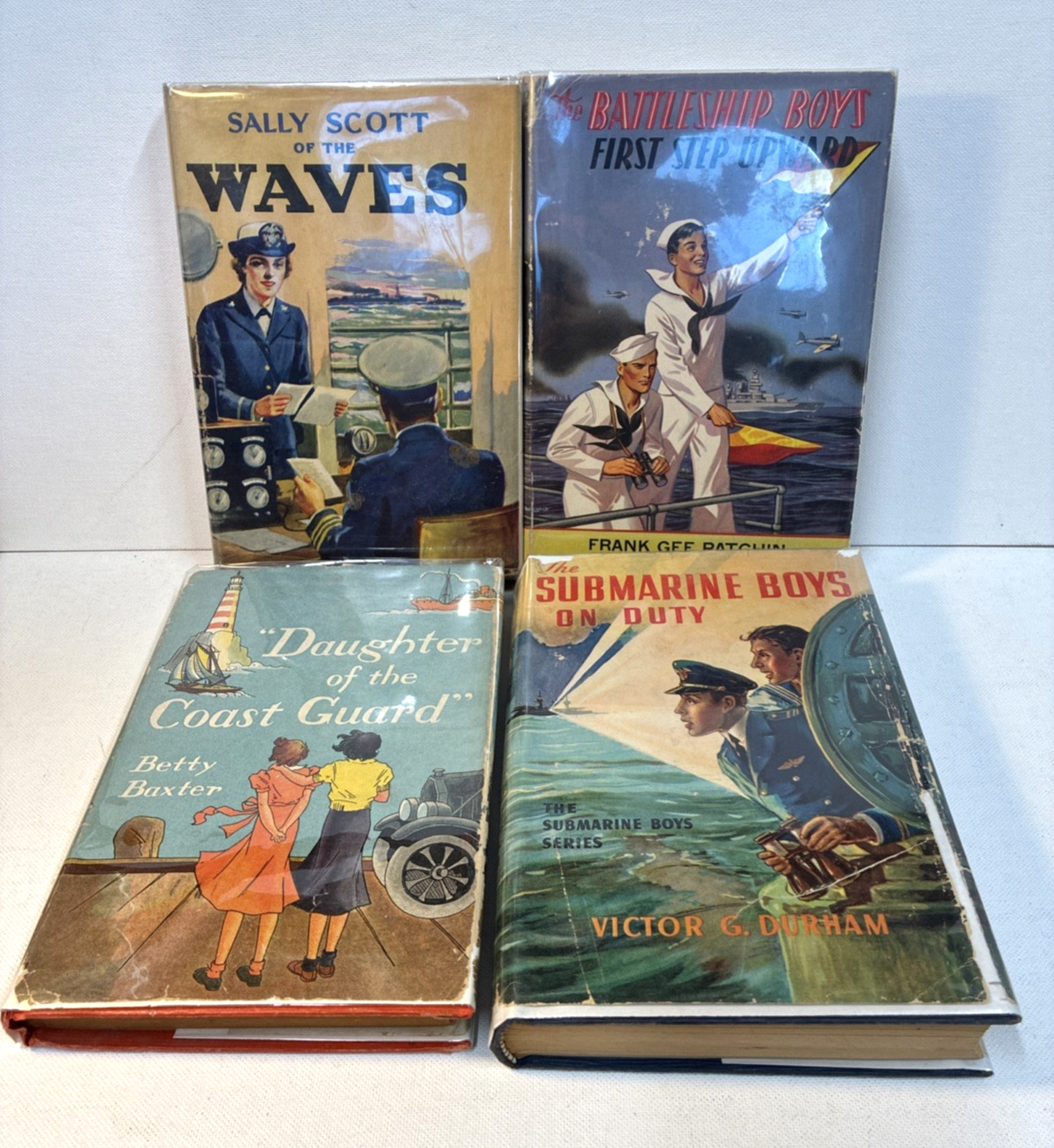 4 Antique & VTG 1st Ed adventure & juvenile HC books w/ pictorial dust jackets