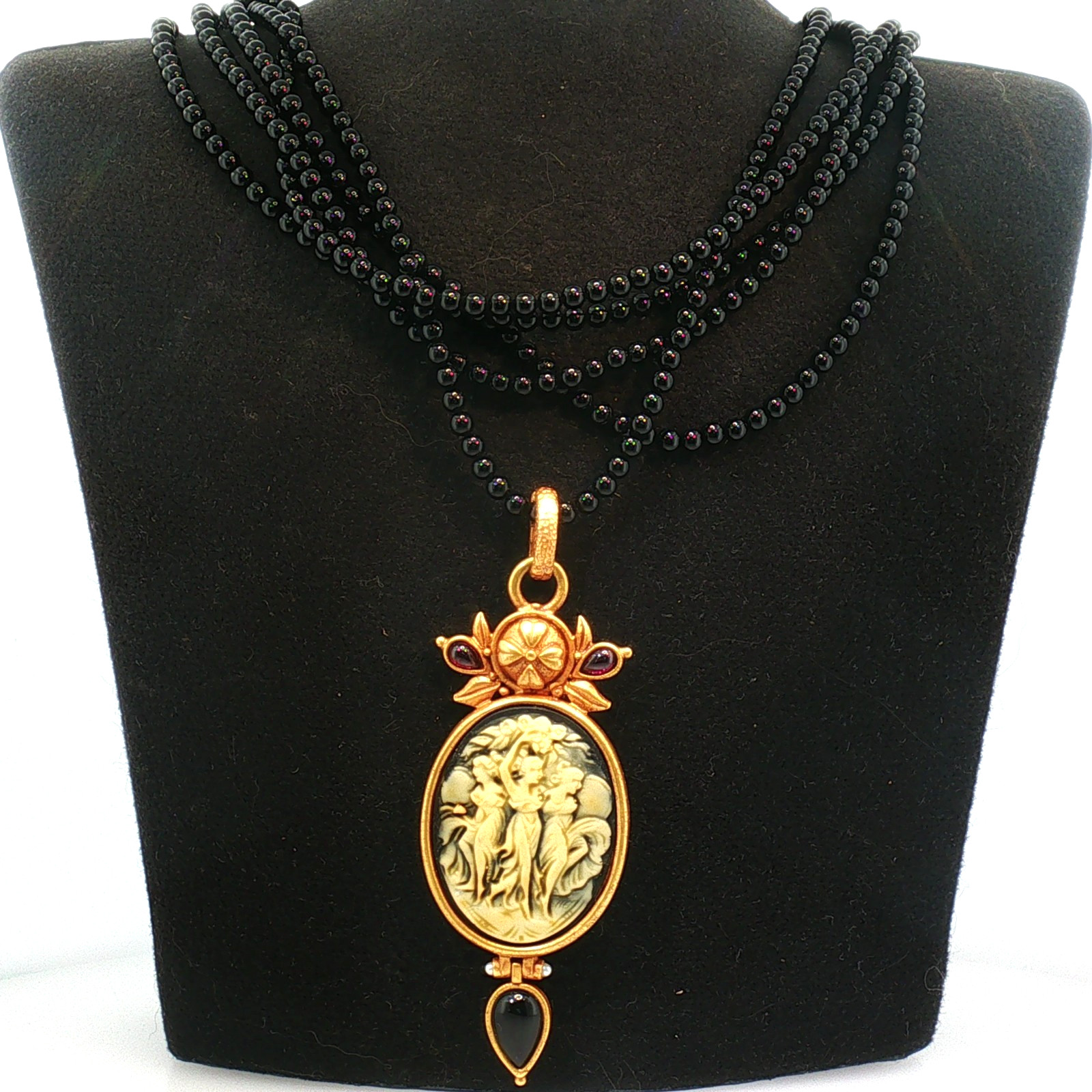 Vintage Leslie Block Cameo Necklace Multi-Strand Black Beaded Statement NOS Vintage Leslie Block Cameo Necklace Multi-Strand Black Beaded Statement NOS