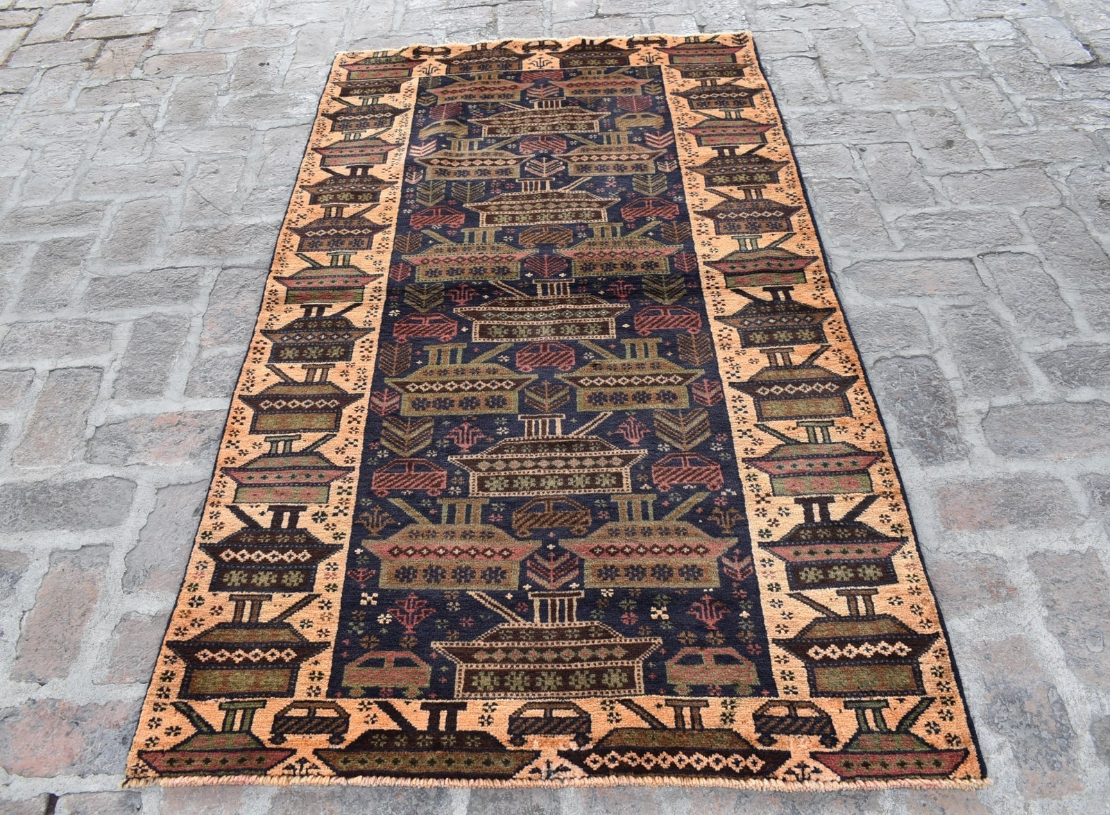 Hand Knotted Vintage Pictorial Rug 4x6 Navy Afghan Antique Oriental Area Carpet