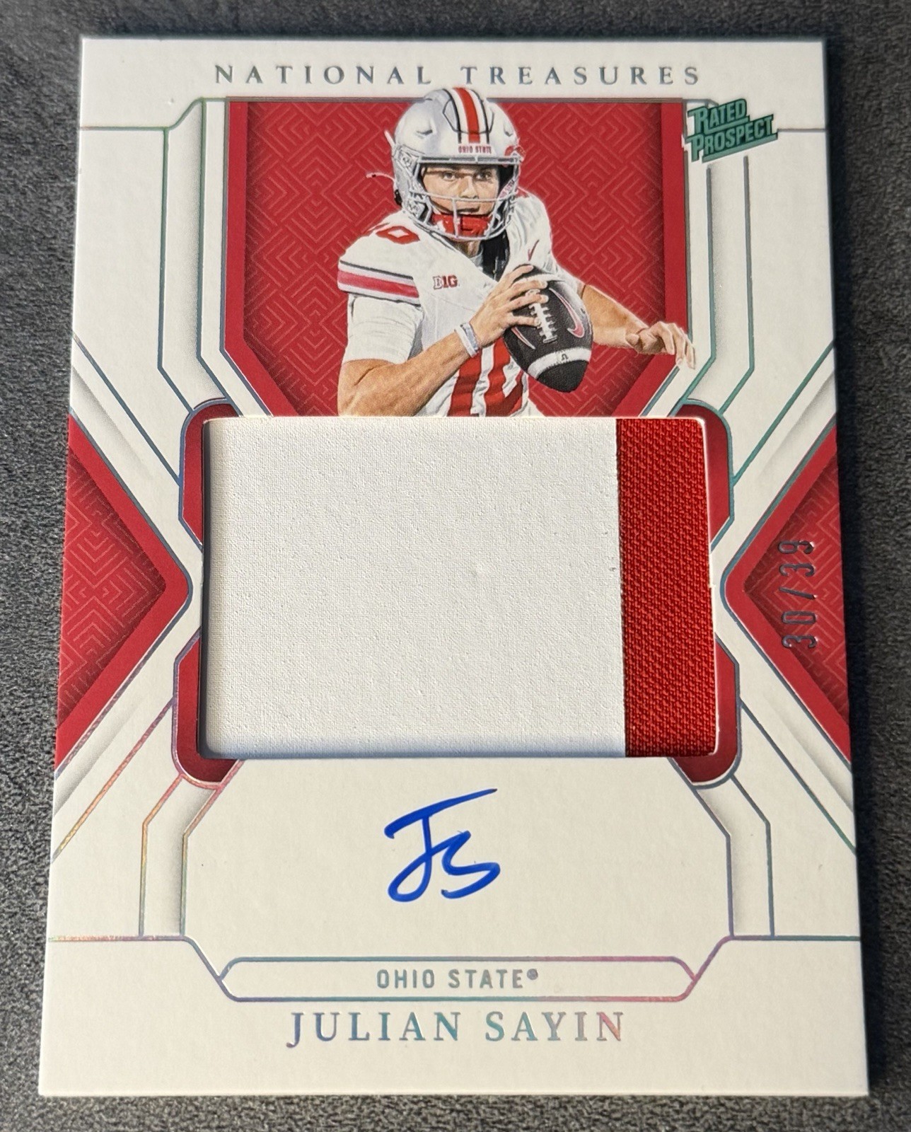 Julian Sayin 2025 National Treasures Two Color Patch ON CARD Auto /39 RC OSU QB Julian Sayin 2025 National Treasures Two Color Patch ON CARD Auto /39 RC OSU QB