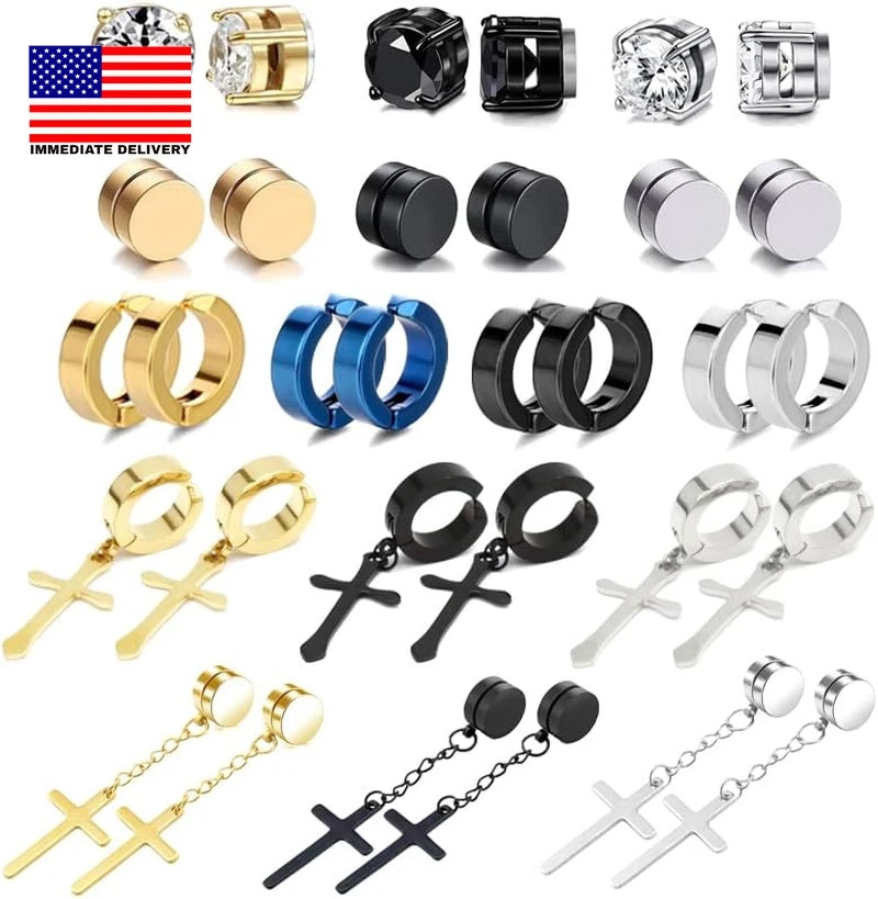 16 Pairs Magnetic Earrings for Men Women 316L Stainless Steel Dangle Hoop Earrin