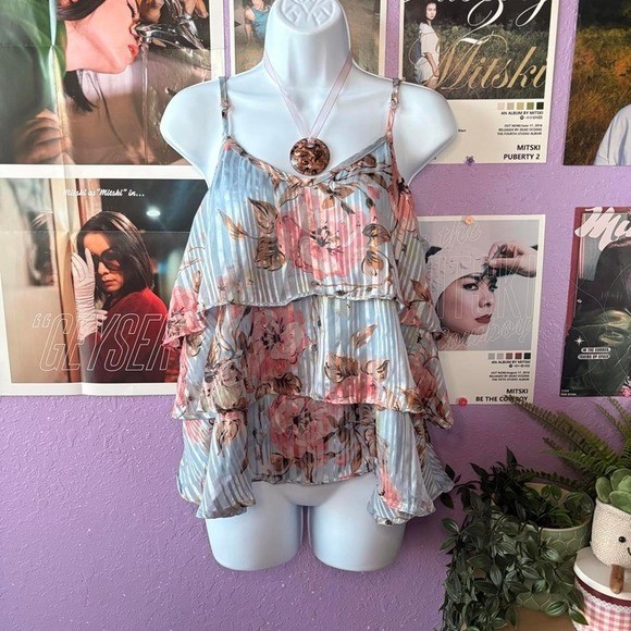 Cassee\'s Sparkly Blue Floral Tiered Ruffle Cami Tank Top 2X Plus Size
