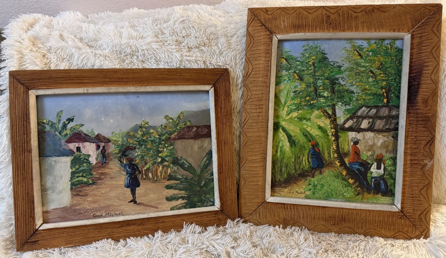 2 Signed Carl Michel Haitian Folk Art 1950s Oil Paintings Pair Framed Set