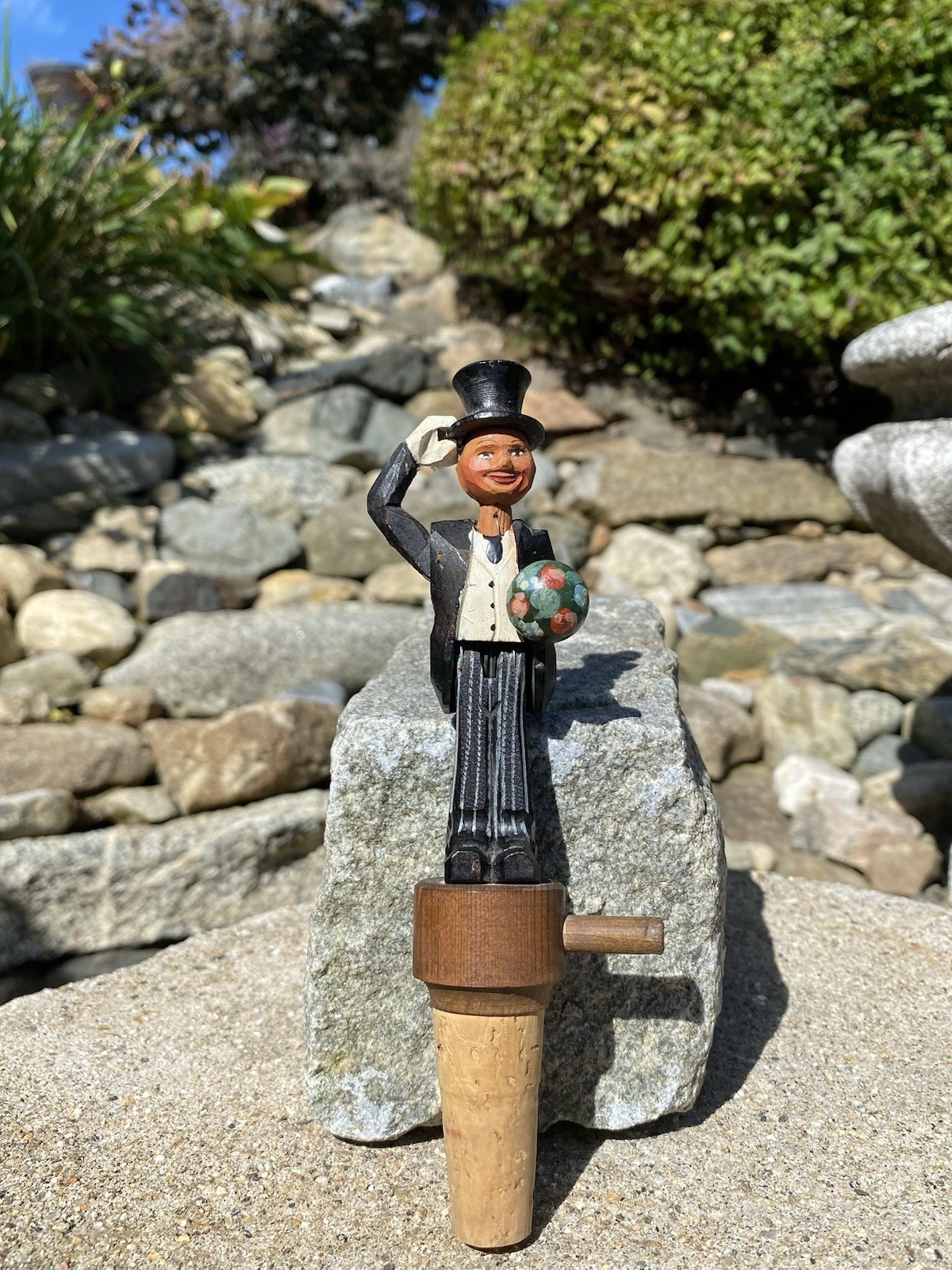 Vintage Anri Hand Carved Painted Wood Mechanical Groom Bottle Stopper Cork NM