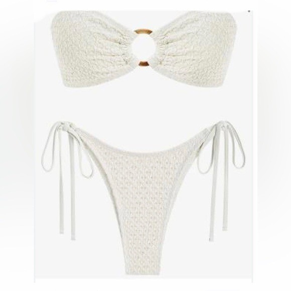 Zaful Womens Cream Crochet Bandeau Bikini with Ring Accent 2Piece Swimsuit Set M