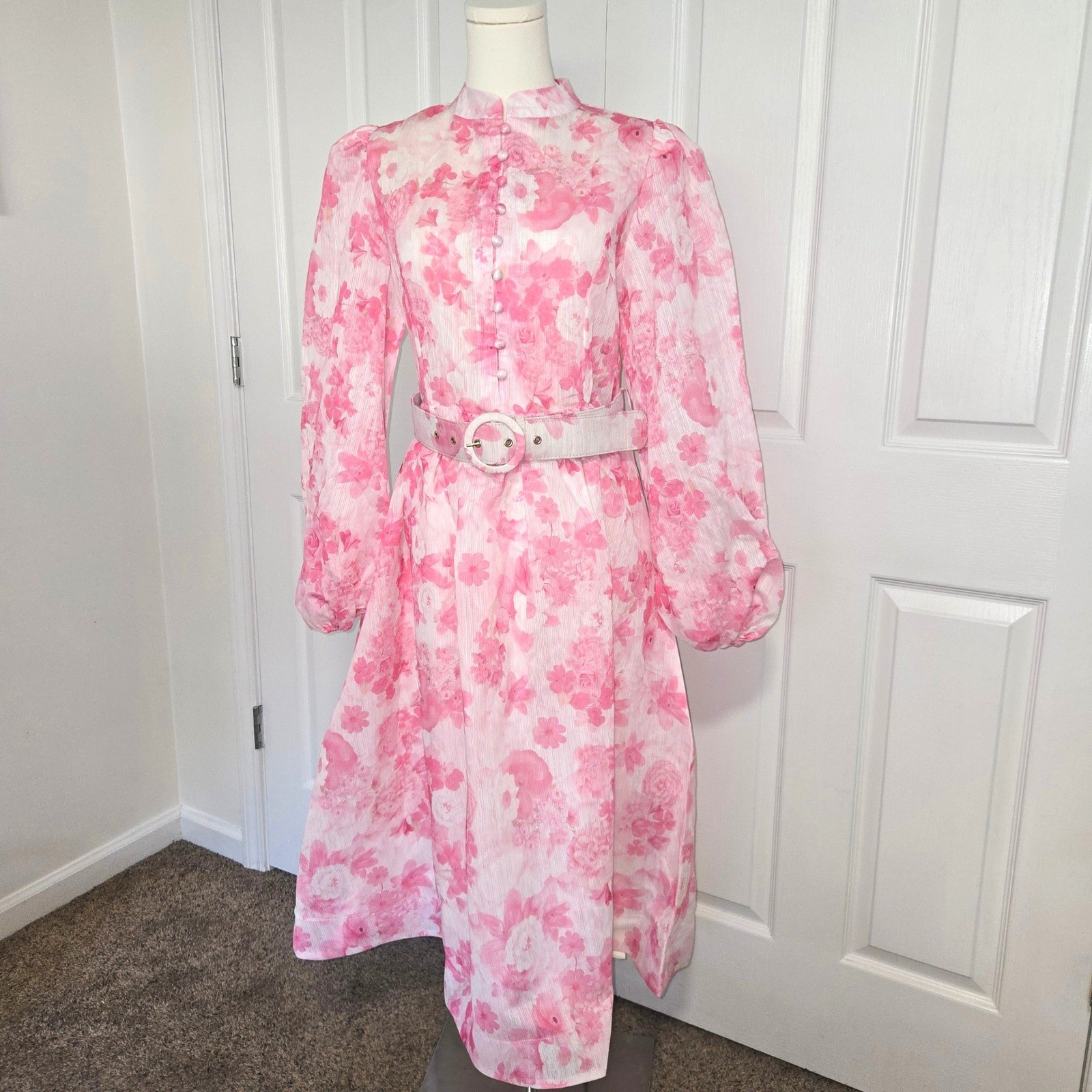 Mainstrip Floral Midi Dress Womens L Pink White Belted Mock Neck Bishop Sleeve