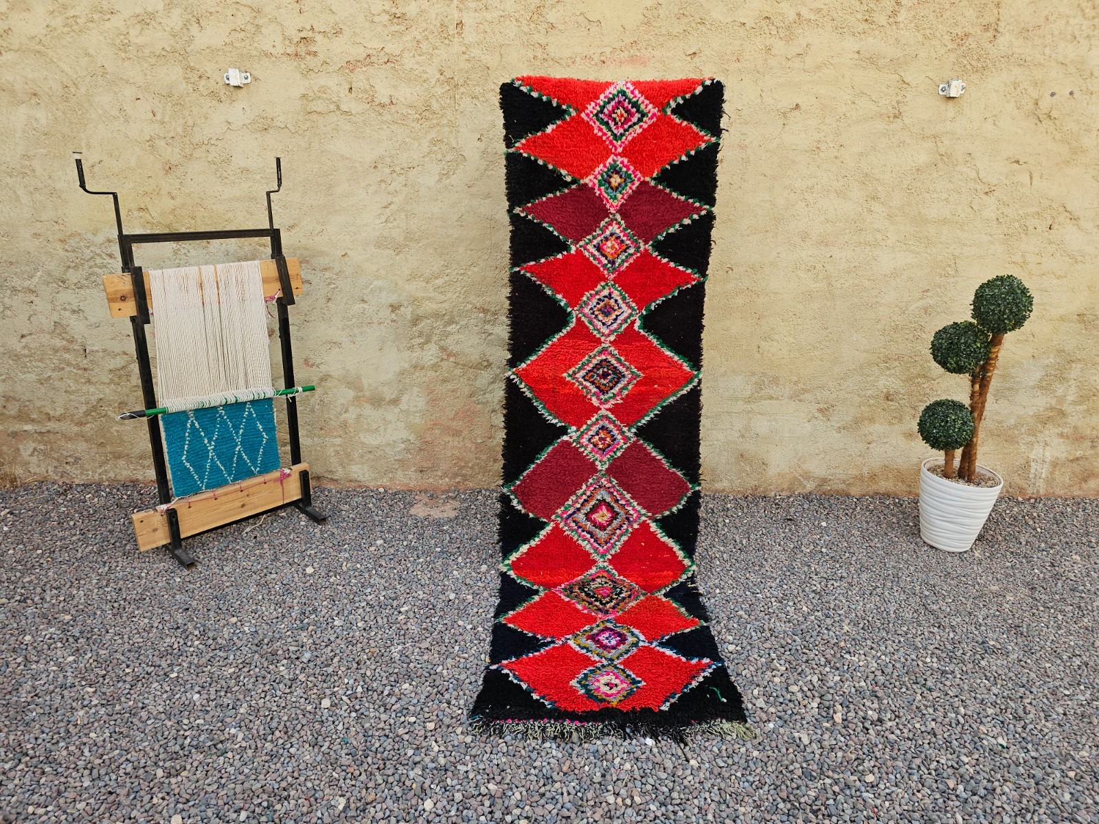 Vintage Moroccan Boujaad Rug Hand Woven High Pile Shag Red Black Runner Carpet
