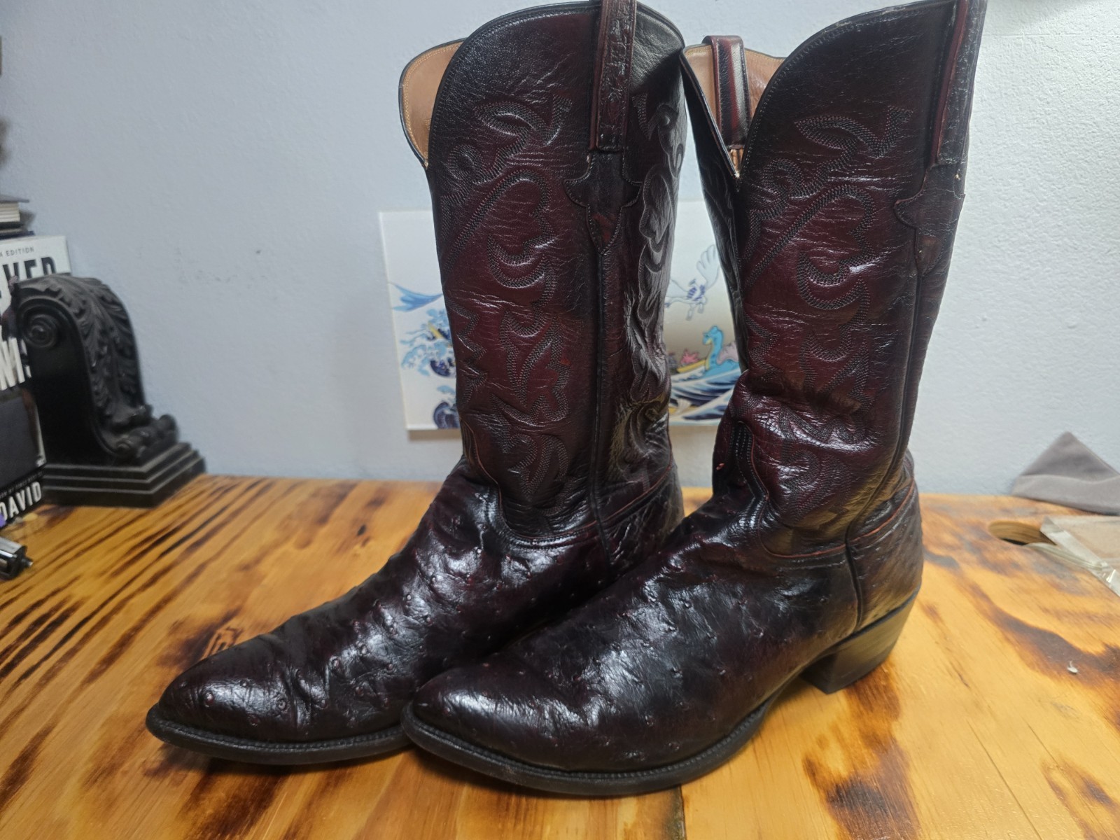 Lucchese Classics Ostrich Cowboy Boots Black Cherry Full Quill Mens 13 D Lucchese Classics Ostrich Cowboy Boots Black Cherry Full Quill Mens 13 D