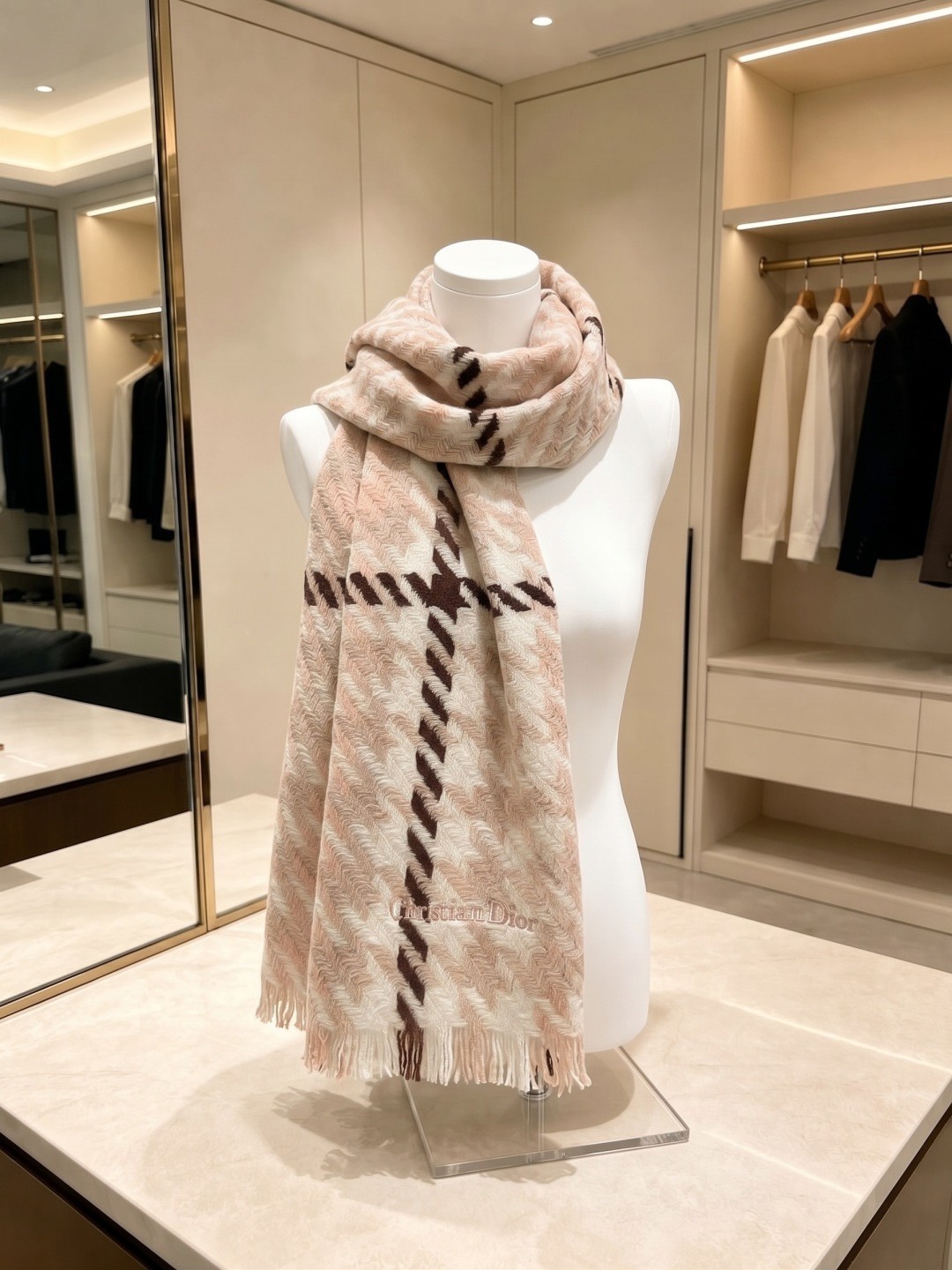 DIOR Houndstooth Scarf Shawl Pink Beige Brown Wool Blend 35x180cm
