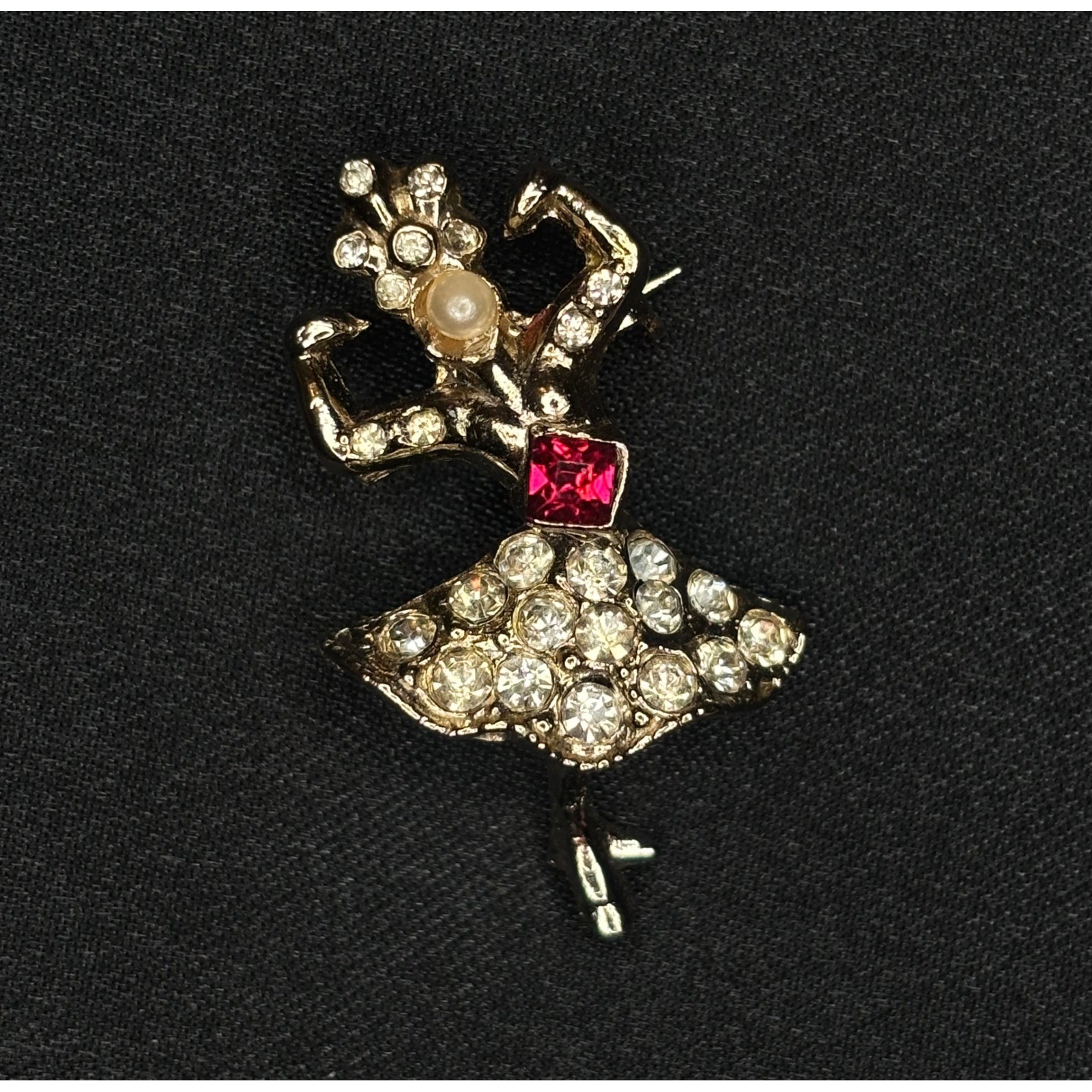 Vintage Coro Ballerina Jiggler Brooch Articulated Dancer Rhinestone Faux Pearl