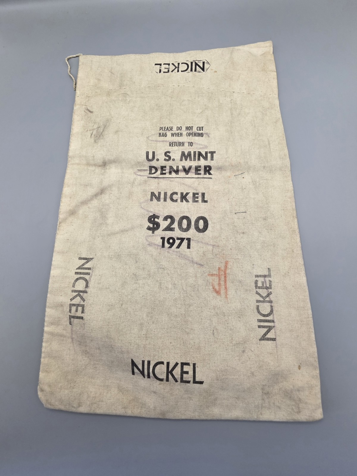 Vintage 1971 US Mint Denver $200 Nickel Canvas Bag. Unique Back 1968 Marking