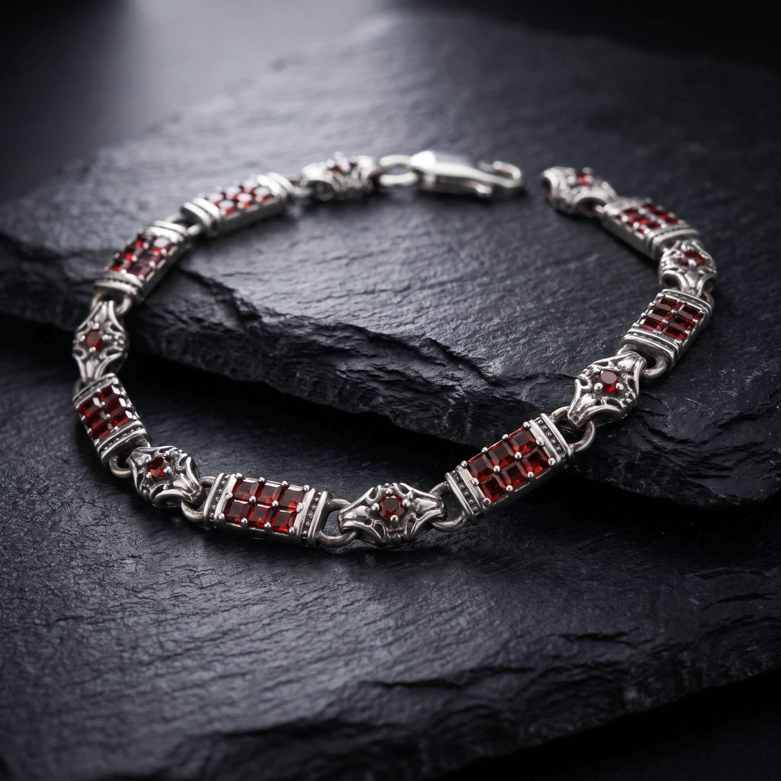 925 Sterling Silver Ruby Stone Men\'s Bracelet , Turkish Handmade Jewelry Gift