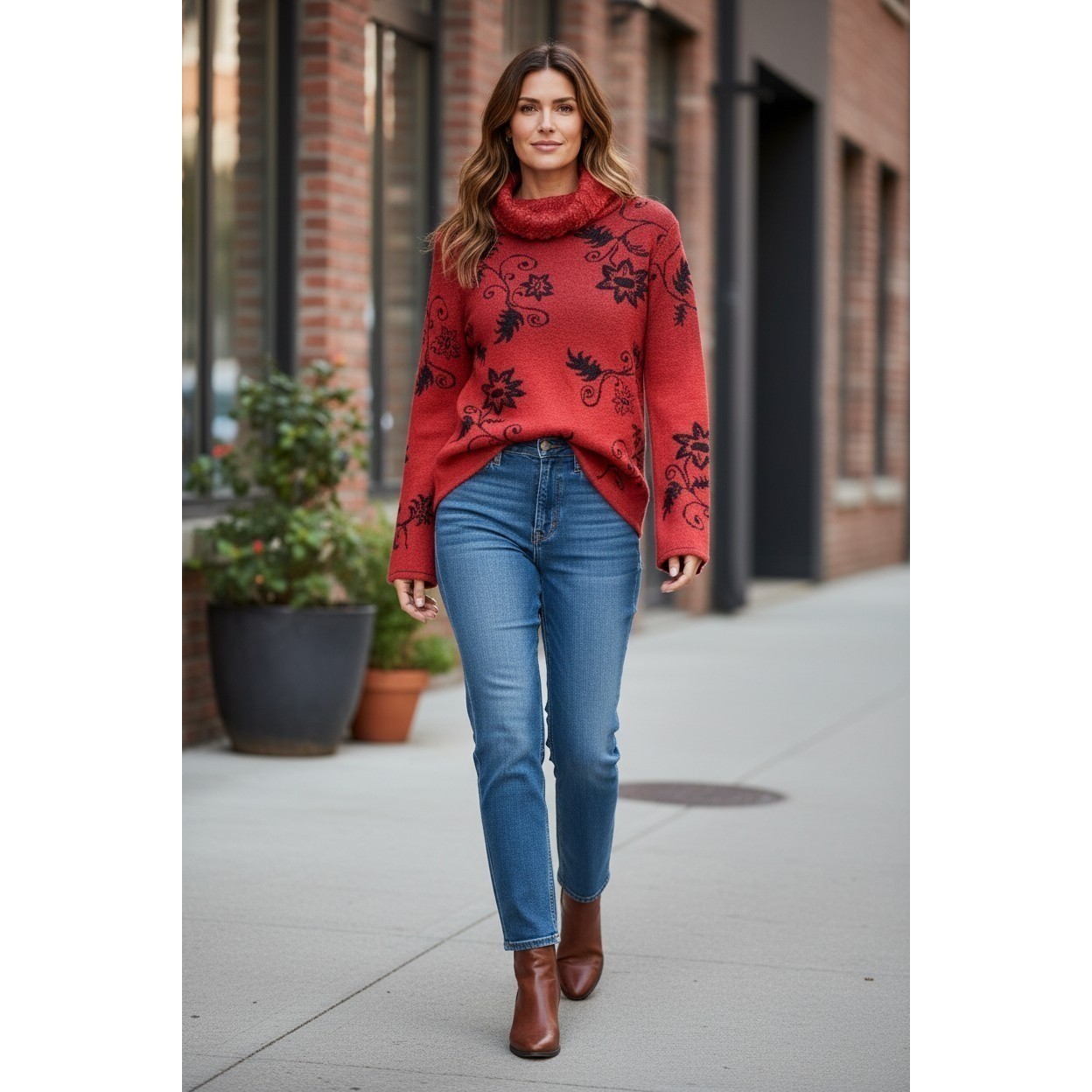 Caamaño Red 100% Baby Alpaca Floral Turtleneck Sweater XL Cottagecore Caamaño Red 100% Baby Alpaca Floral Turtleneck Sweater XL Cottagecore