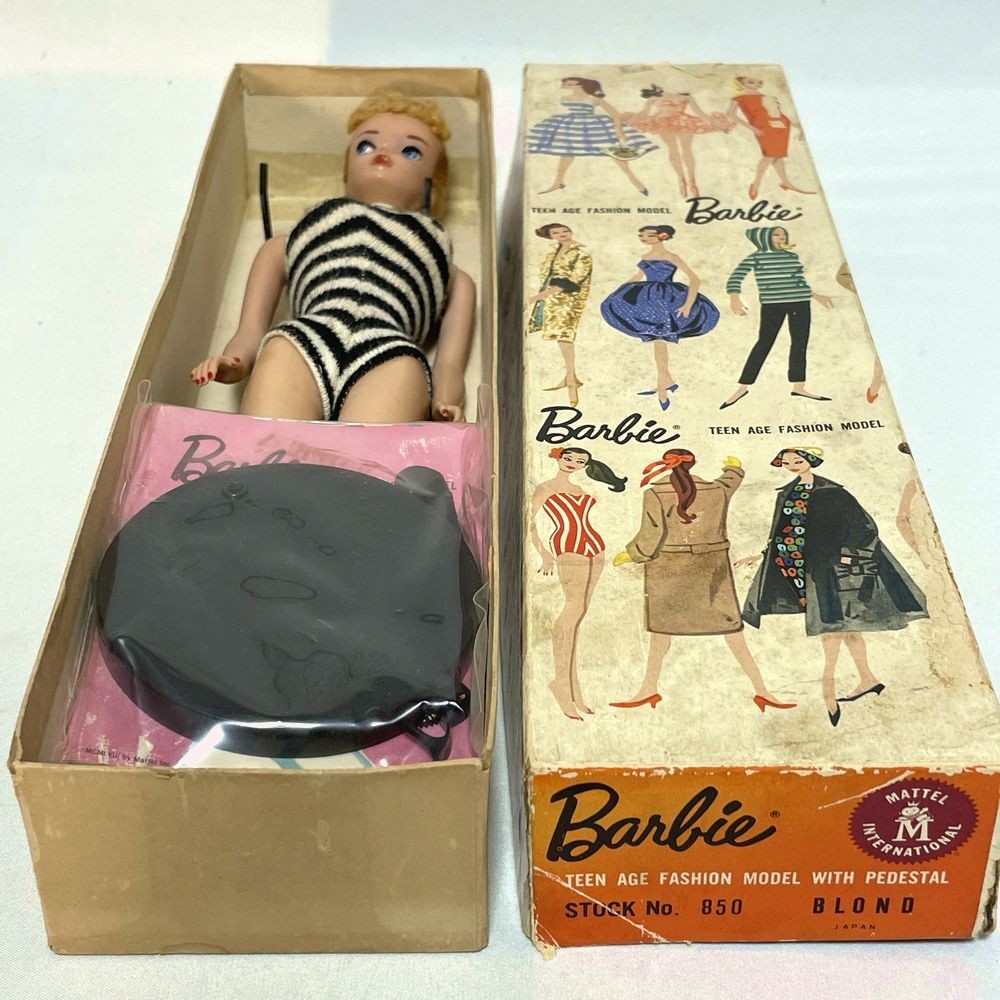 Vintage Barbie #3  #4 Blonde Ponytail Doll Zebra Swimsuit Pedestal Stand Box