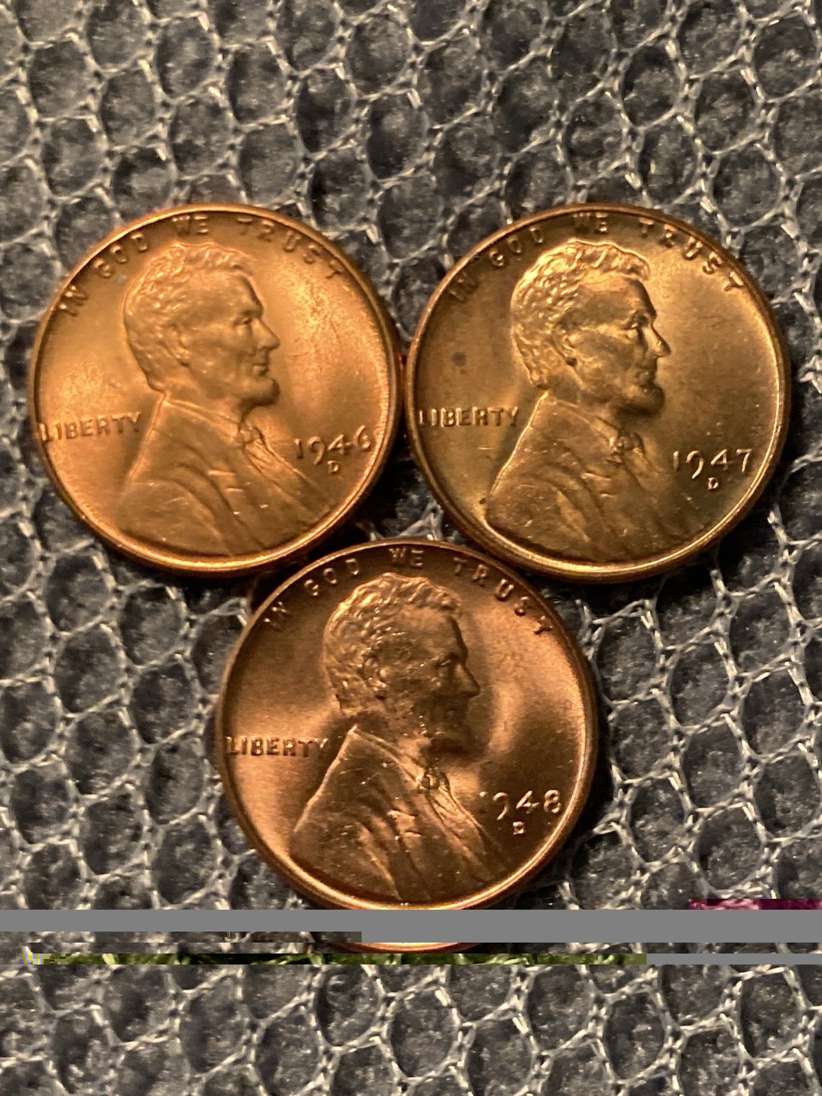 Lot of 3 BU Lincoln Cents 1946-D, 1947-D, 1948-D RD 0.95 KM-132
