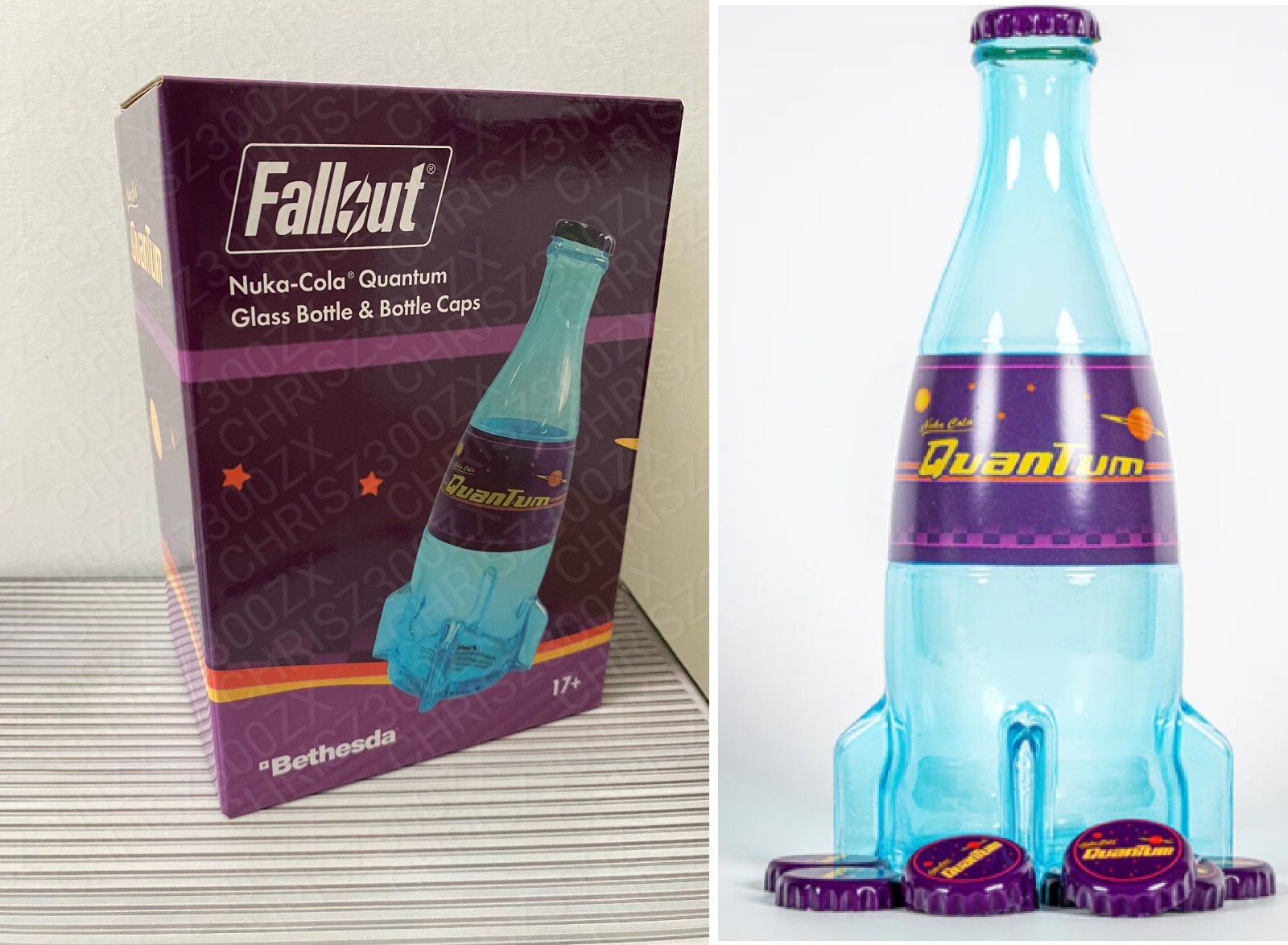 Fallout Nuka Cola Quantum Glass Bottle + 10 Bottle Caps Rocket Replica Figure