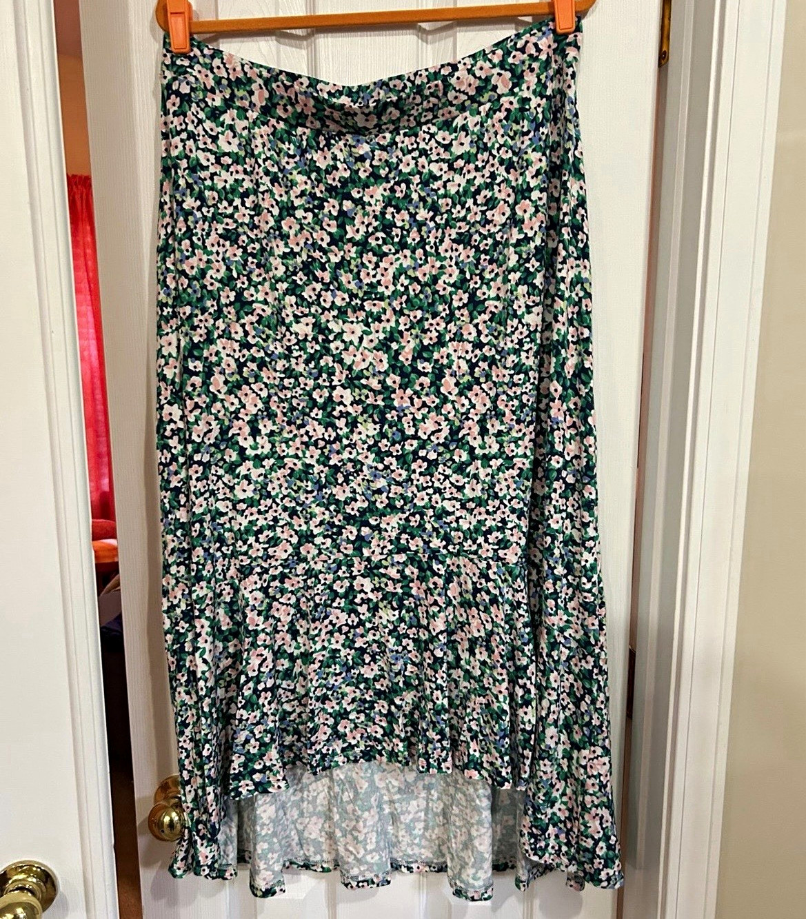 Talbots 1X Green Floral A-Line Midi Skirt Ruffle Pull On Elastic Waist