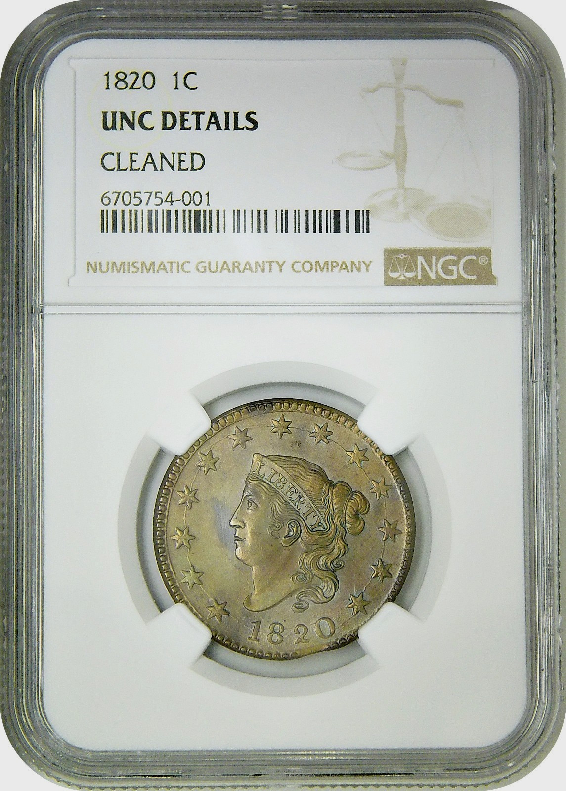 1820 Matron Head Large Cent 1¢ NGC UNC Uncirculated Detail Cleaned Clip at 5:30