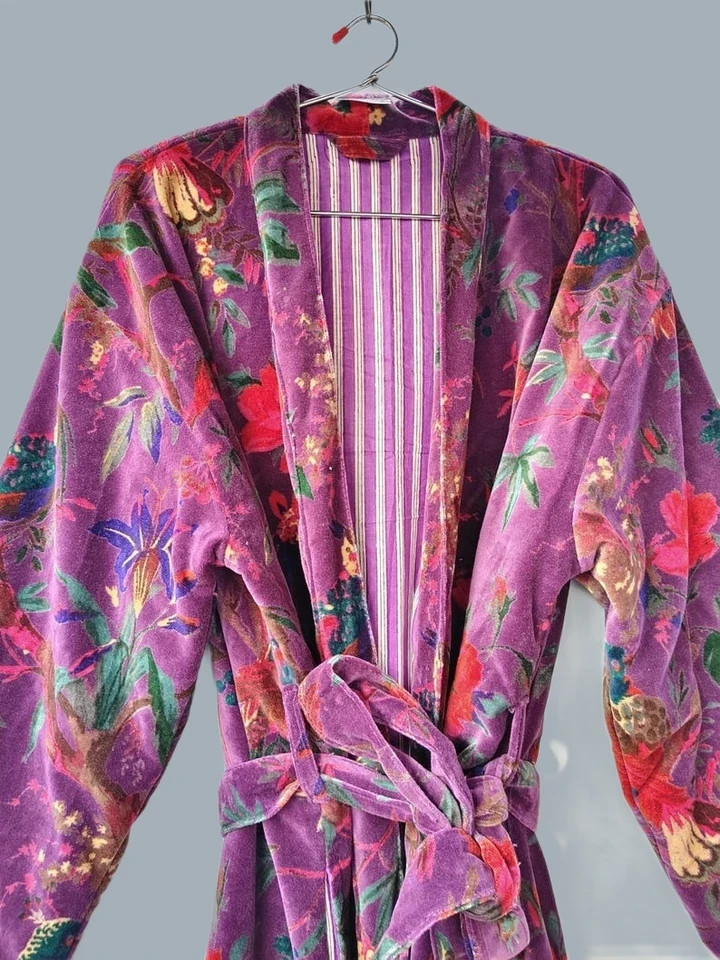 Purple Velvet Duster Coat Long Bird Print Kimono Jacket Boho Striped Lined Robe